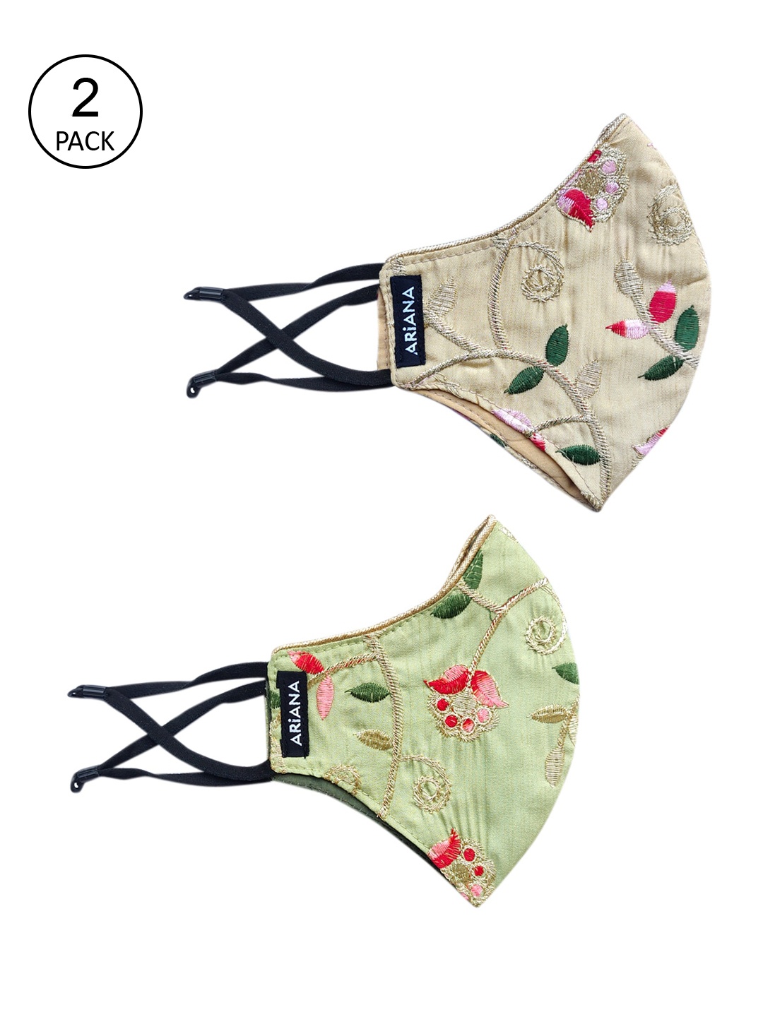 

Ariana Women Pack Of 2 Gold & Beige Floral Embroidered 2-Ply Reusable Cloth Face Masks
