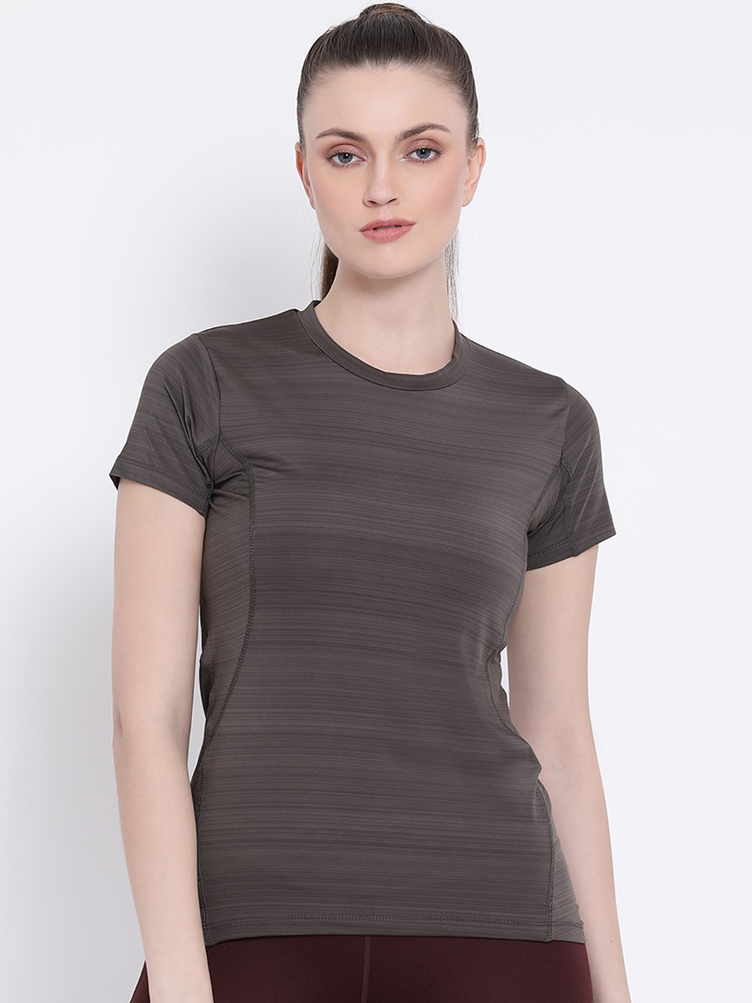 

PERFKT-U Women Brown Striped Hydra-cool Round Neck T-shirt