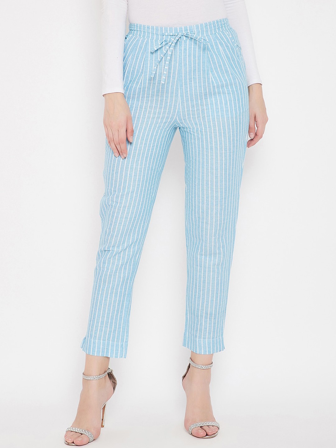 

Bitterlime Women Blue Regular Fit Striped Regular Trousers