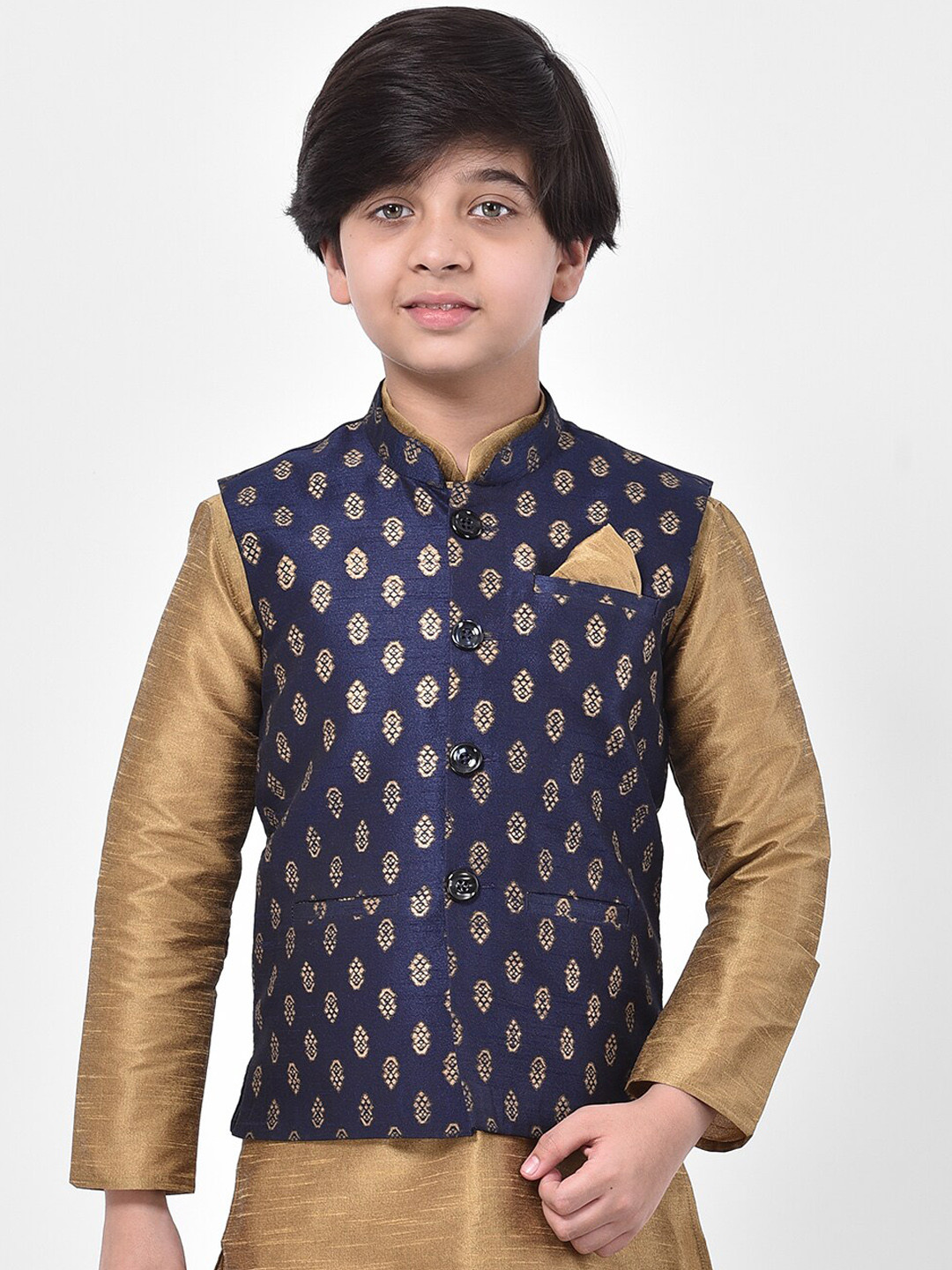 

DEYANN Boys Navy Blue & Gold-Coloured Woven Design Nehru Jacket