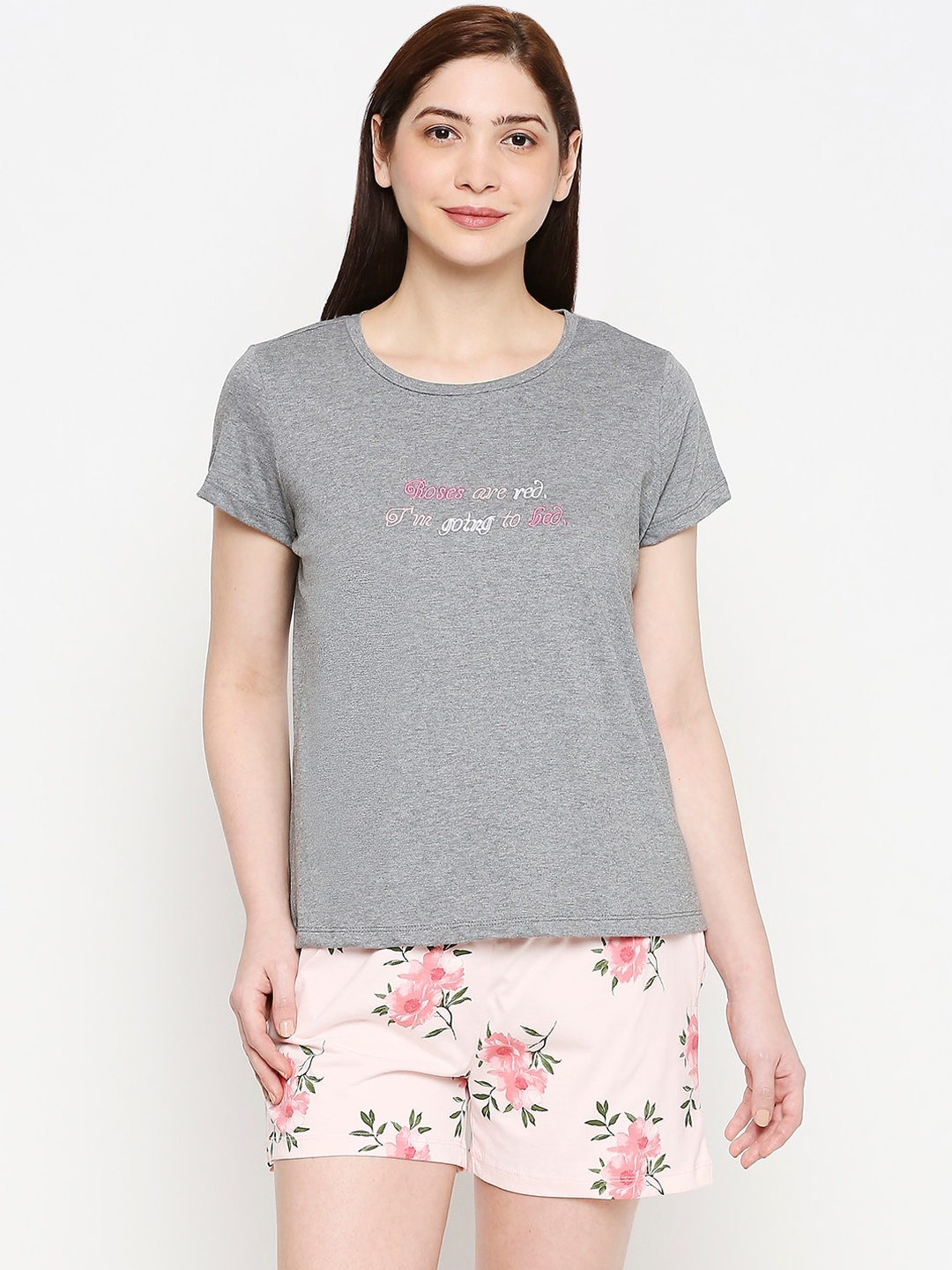 

Dreamz by Pantaloons Women Grey Melange & Peach-Coloured Printed Cotton Night Suit