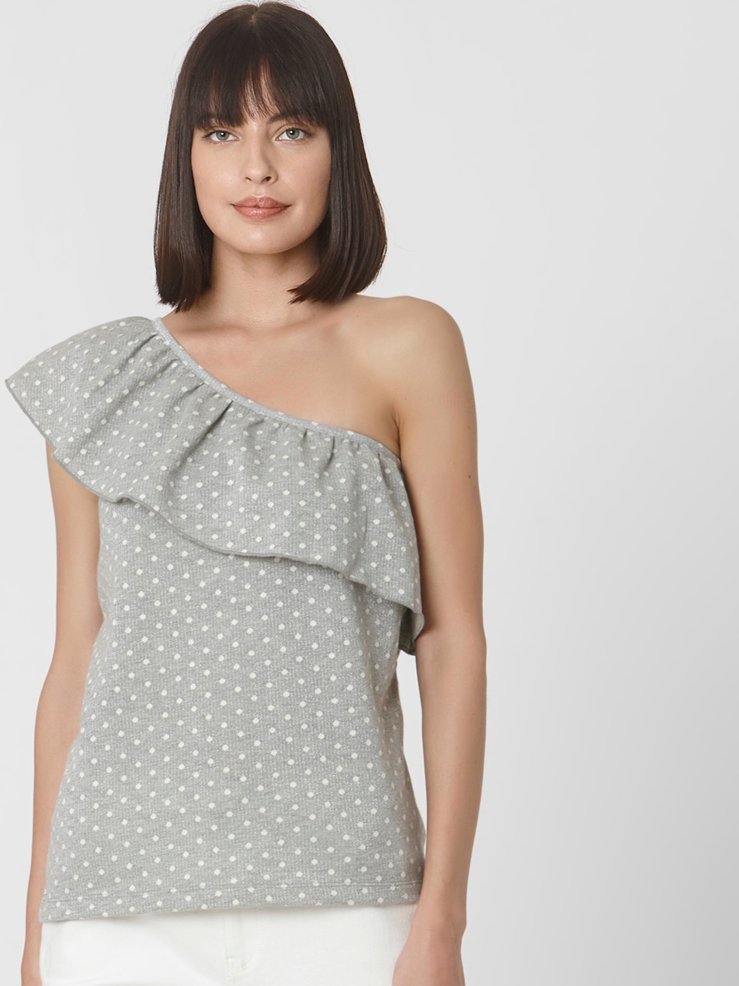 Vero Moda Grey Geometric Printed One Shoulder Flutter Sleeves Regular Top