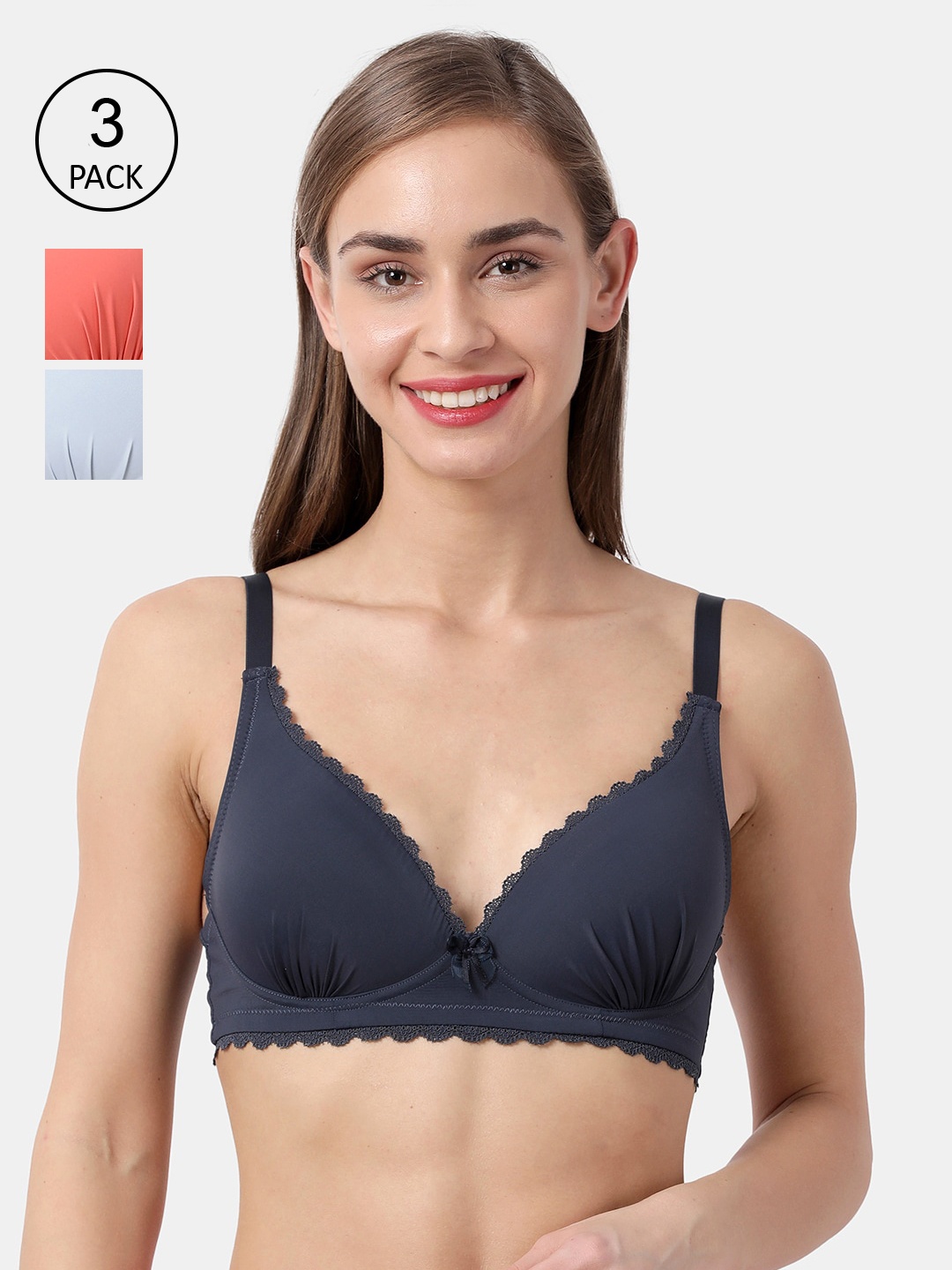 

shyaway Pack Of 3 Multicoloured Solid Non-Wired Lightly Padded Plunge Bras taab-c3b-247, Orange