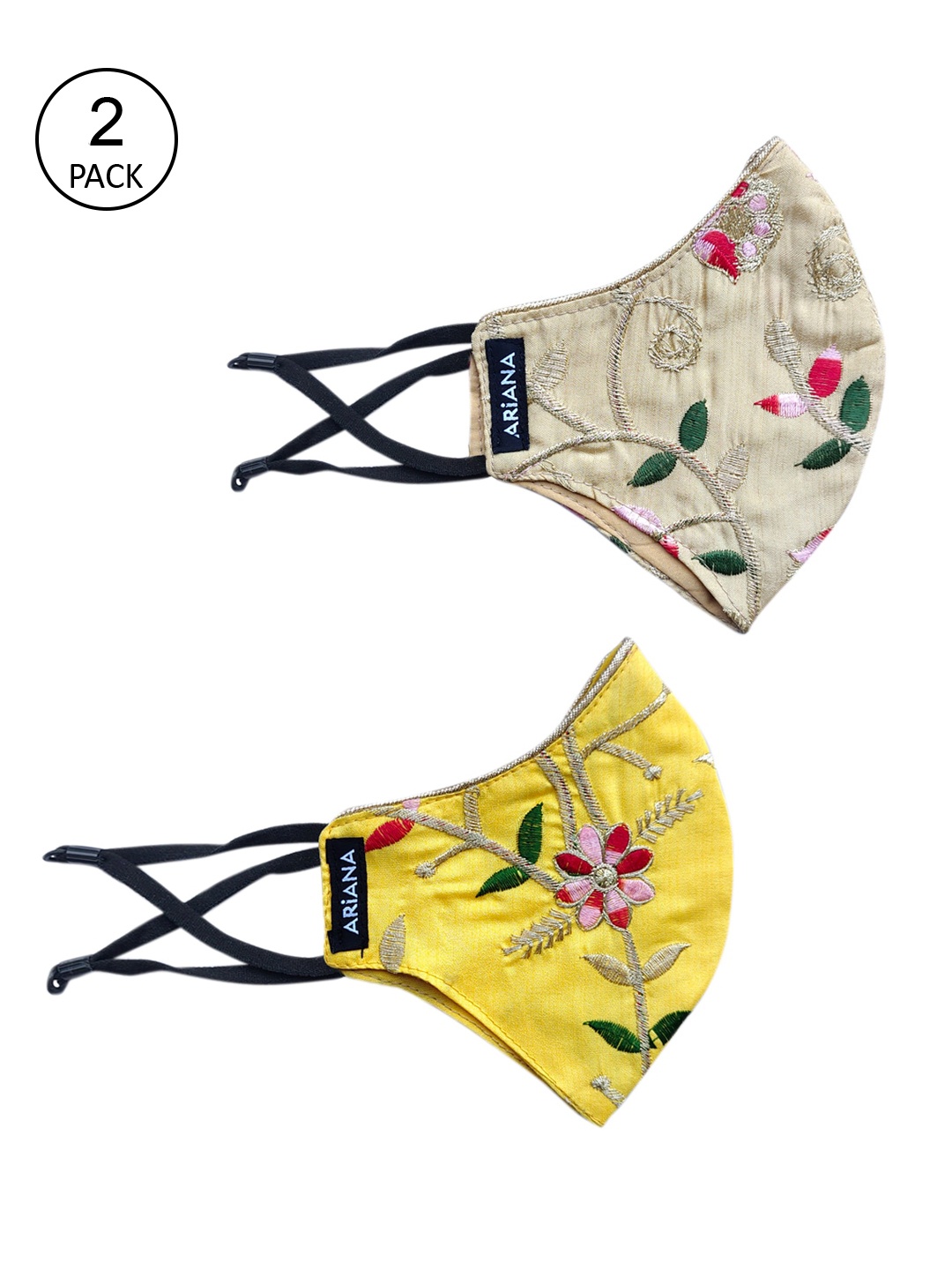 

Ariana Women Pack Of 2 Intricate Floral Embroidered Reusable 2-Ply Cloth Masks, Gold