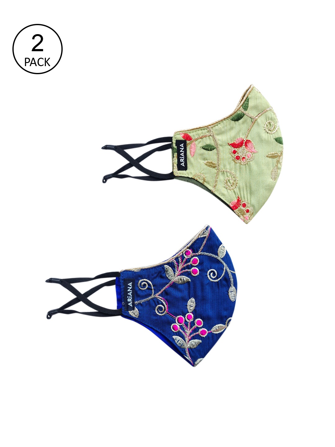 

Ariana Women Pack Of 2 Embroidered 2-Ply Reusable Cloth Masks, Navy blue