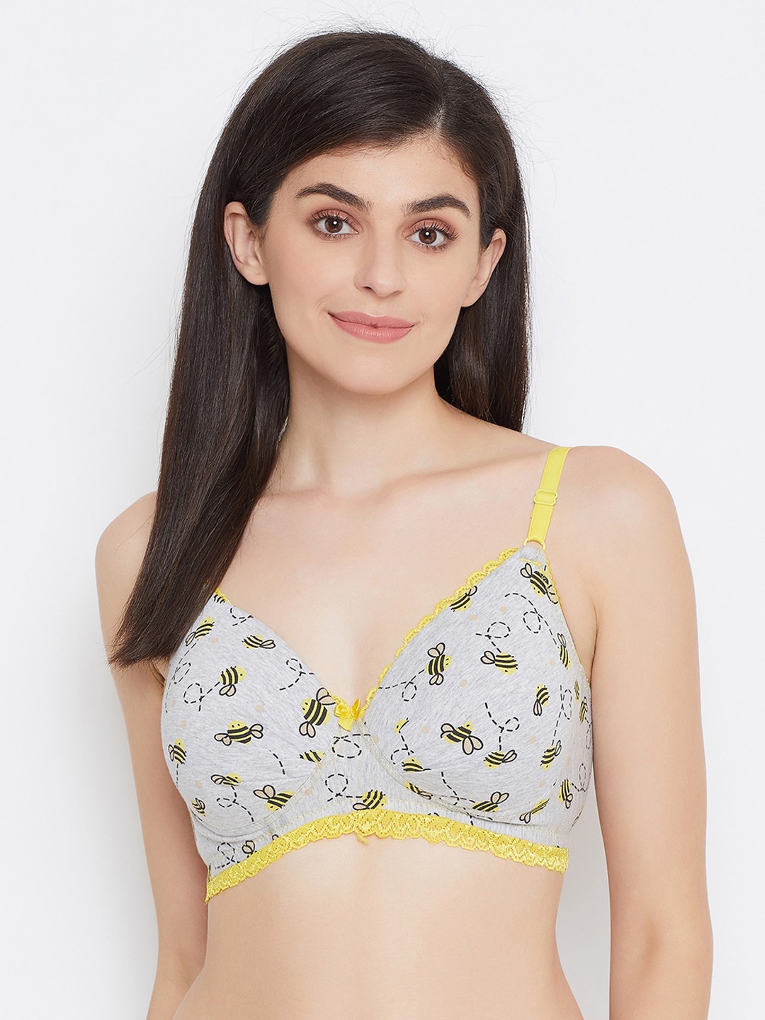 

Clovia Grey & Yellow Printed Non-Wired Lightly Padded Everyday Bra