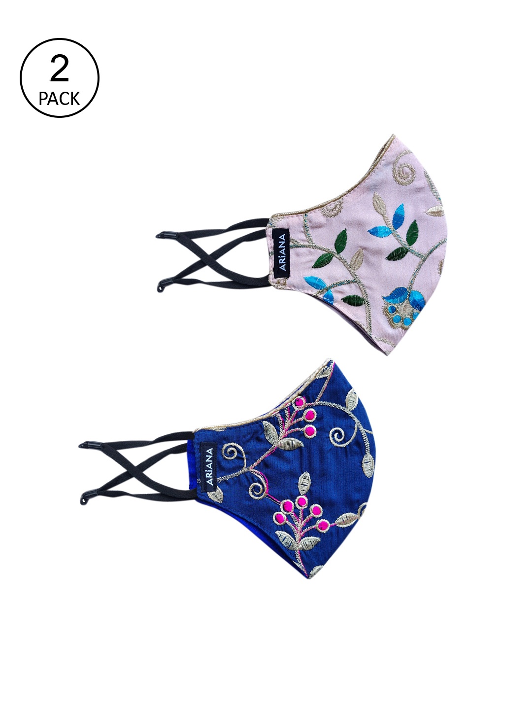 Ariana Pack Of 2 Intricate Floral Embroidered Reusable 2-Ply Cloth Masks, Pink