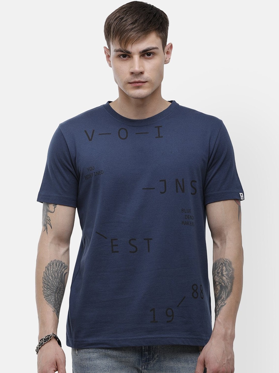 

Voi Jeans Men Navy Blue Printed Round Neck Pure Cotton T-shirt