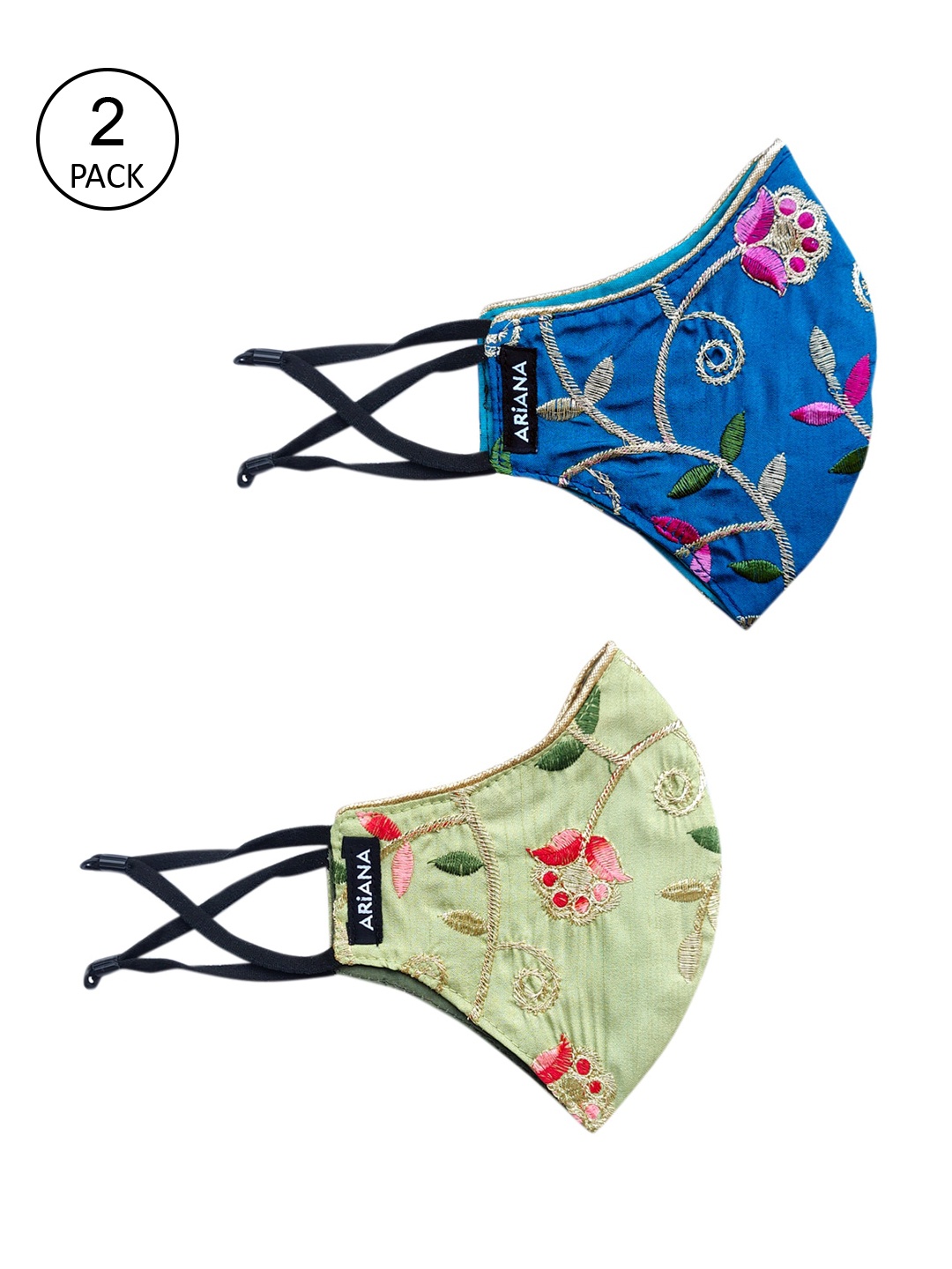 

Ariana Women Pack Of 2 Floral Embroidered Reusable 2-Ply Cloth Masks, Blue