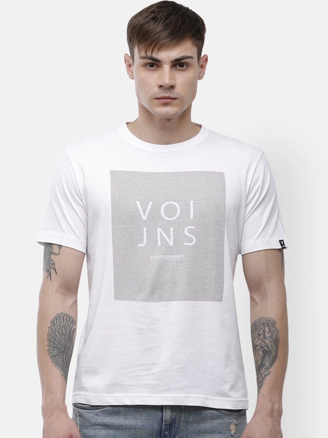 

Voi Jeans Men White Printed Round Neck Cotton Pure Cotton T-shirt