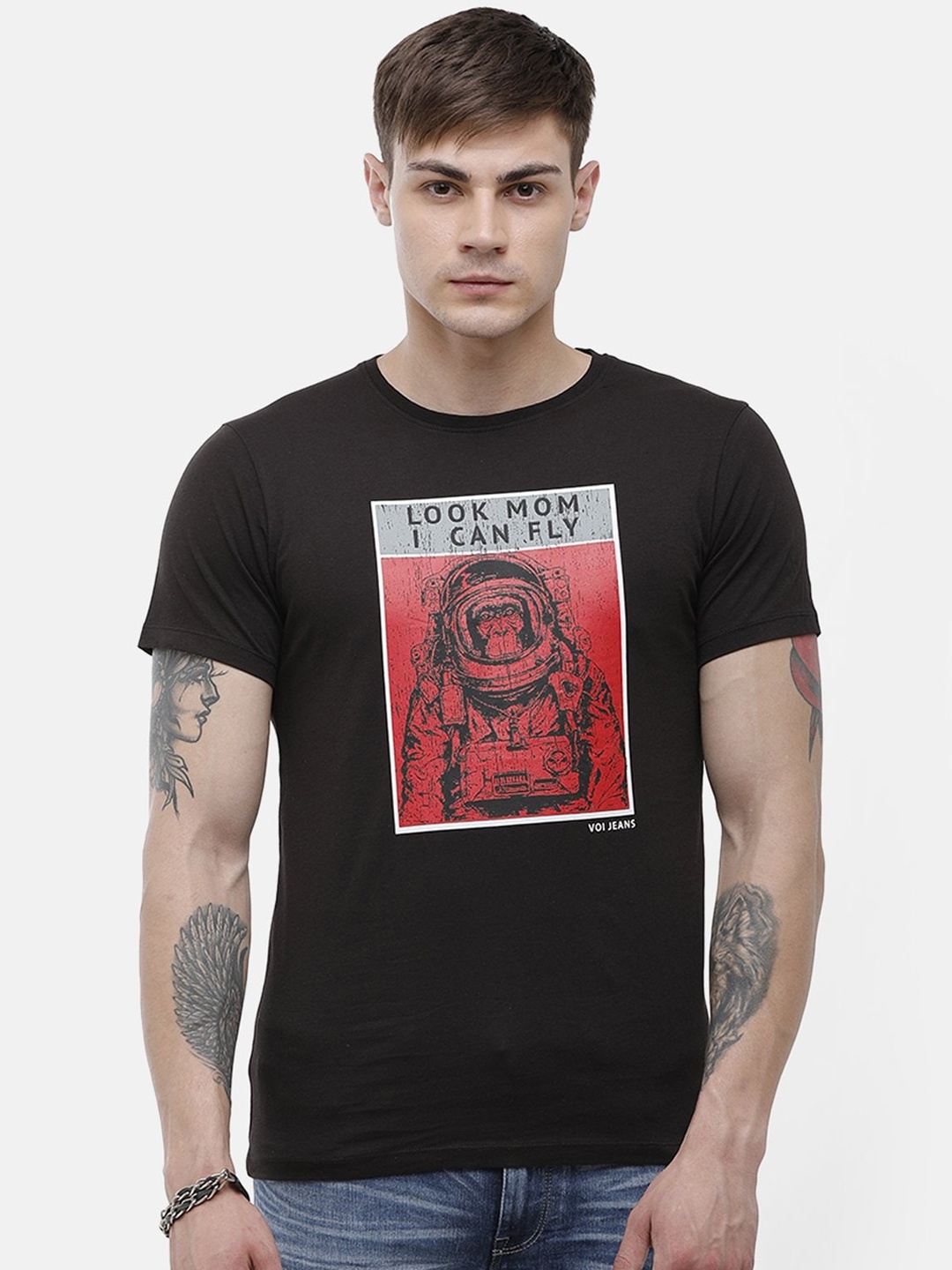 

Voi Jeans Men Black Printed Round Neck Cotton Pure Cotton T-shirt