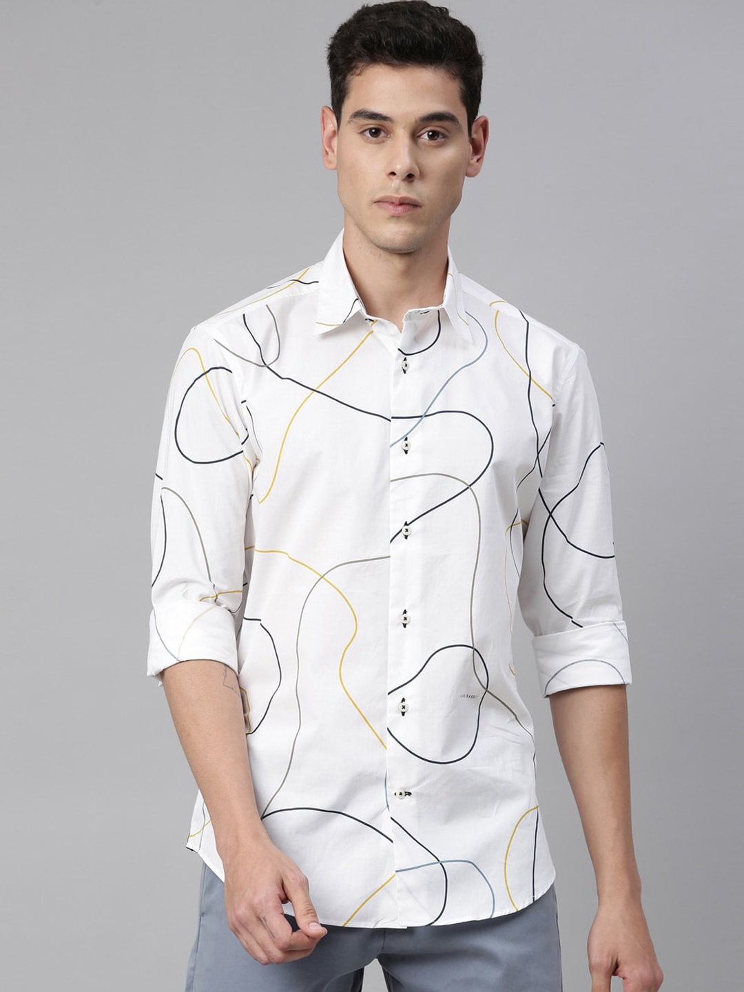 RARE RABBIT Men Electron Regular Fit Printed Shirt, White