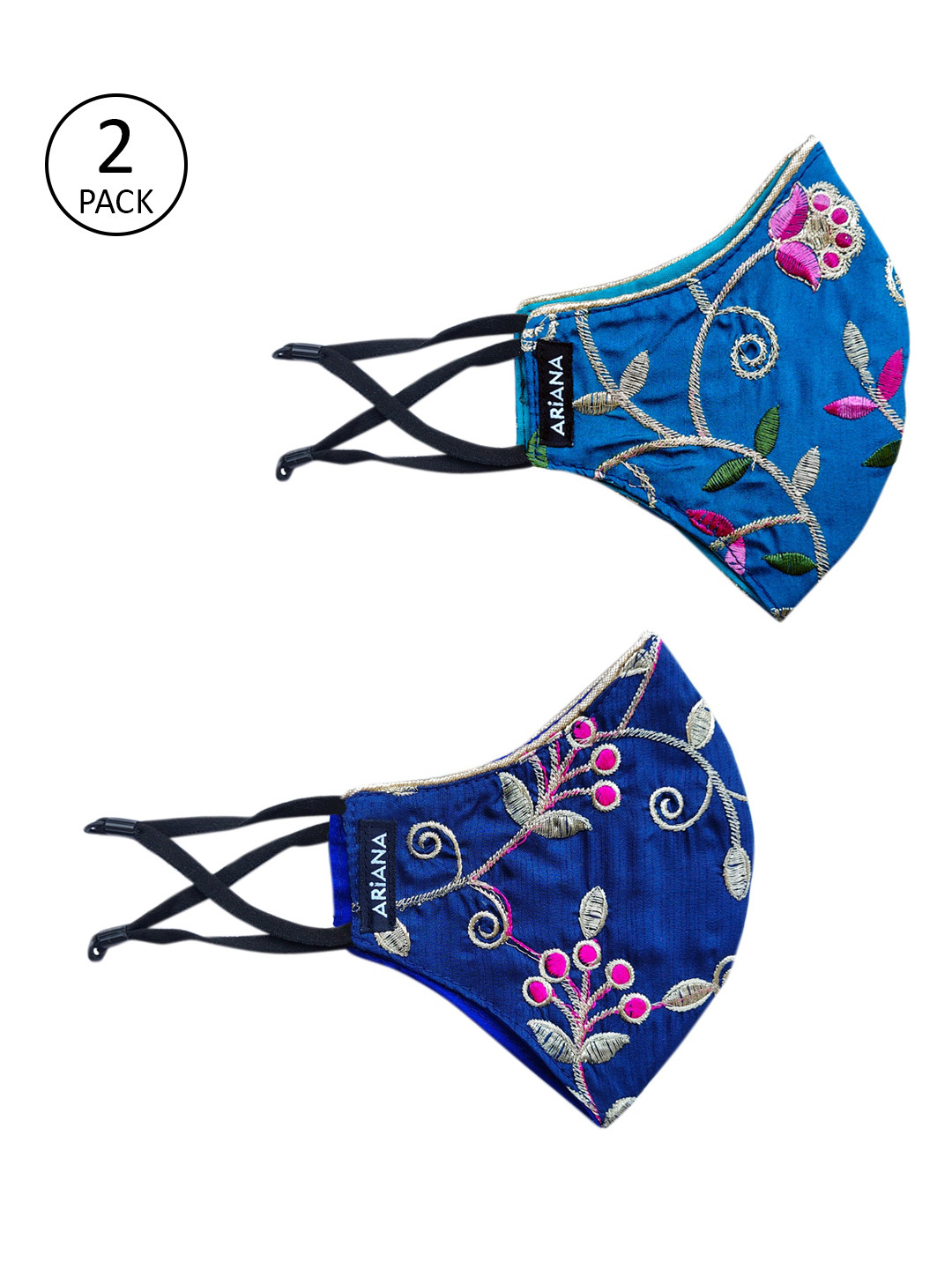 

Ariana Women Pack Of 2 Blue & Silver-Toned Embroidered 2-Ply Reusable Cloth Face Masks