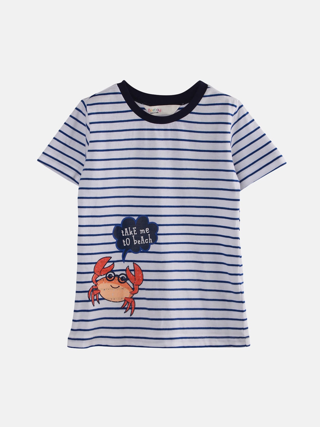 

Beebay Boys White & Navy Blue Striped Round Neck T-shirt