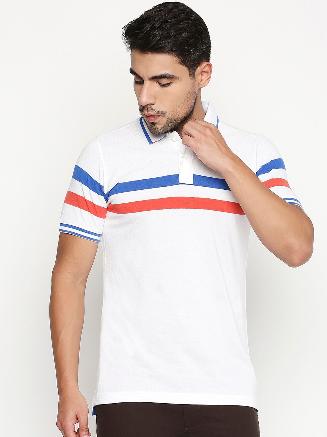 

Basics Men White & Blue Striped Polo Collar T-shirt