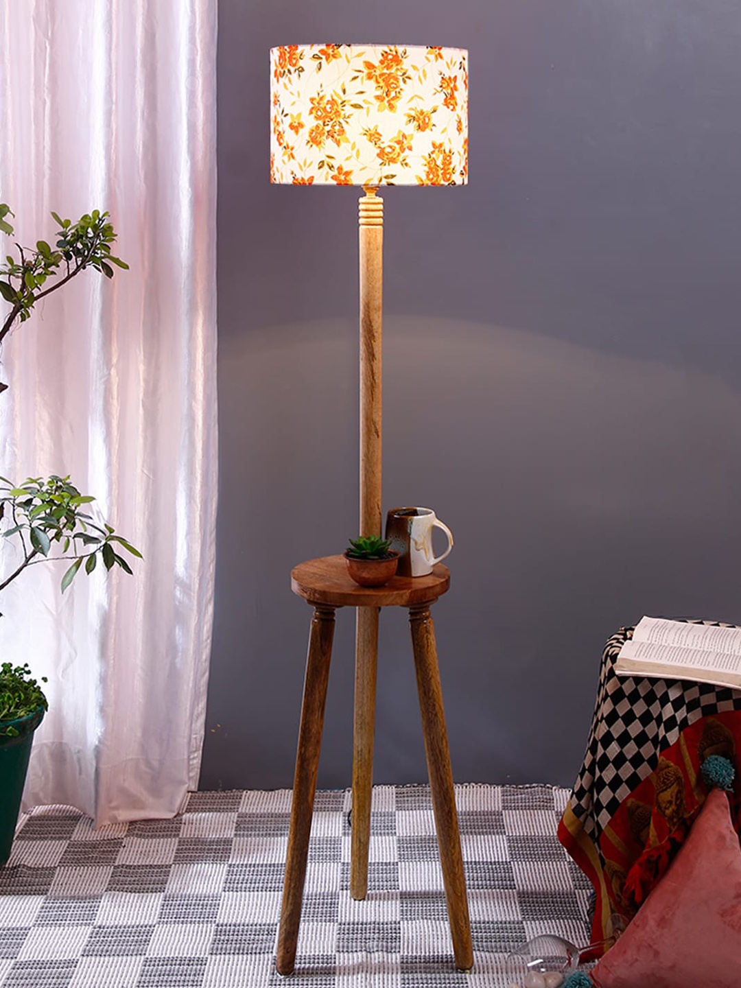 

Devansh White & Orange Cotton Drum Shade Wooden Tripod Shelf Lamp