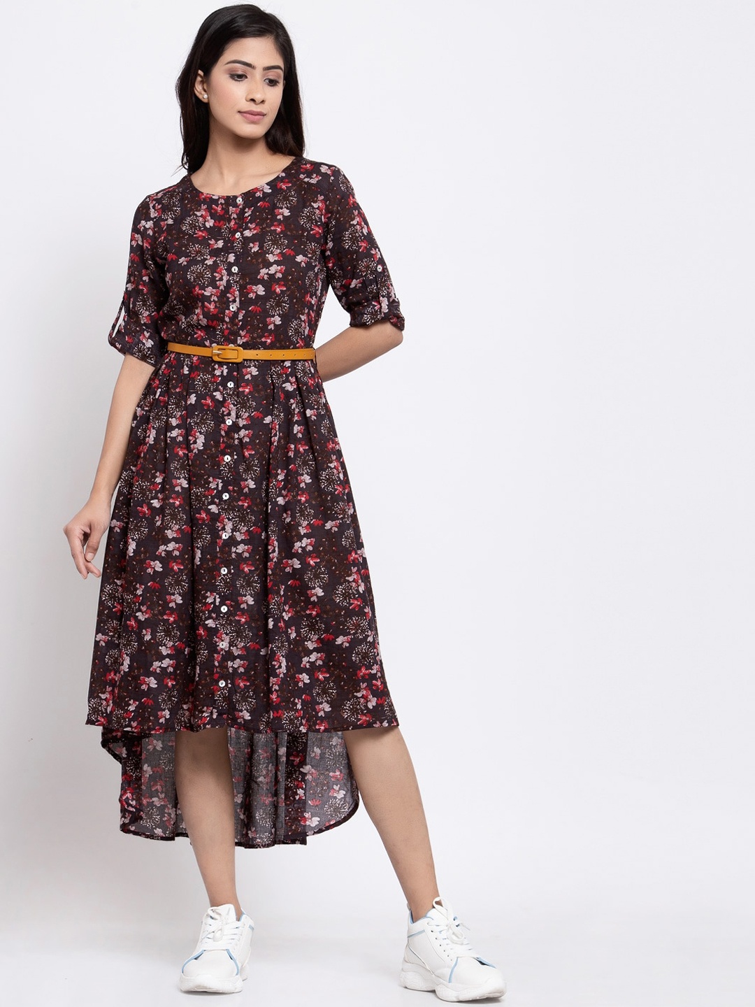 TERQUOIS Women Brown & Pink Floral Printed Fit and Flare Dress