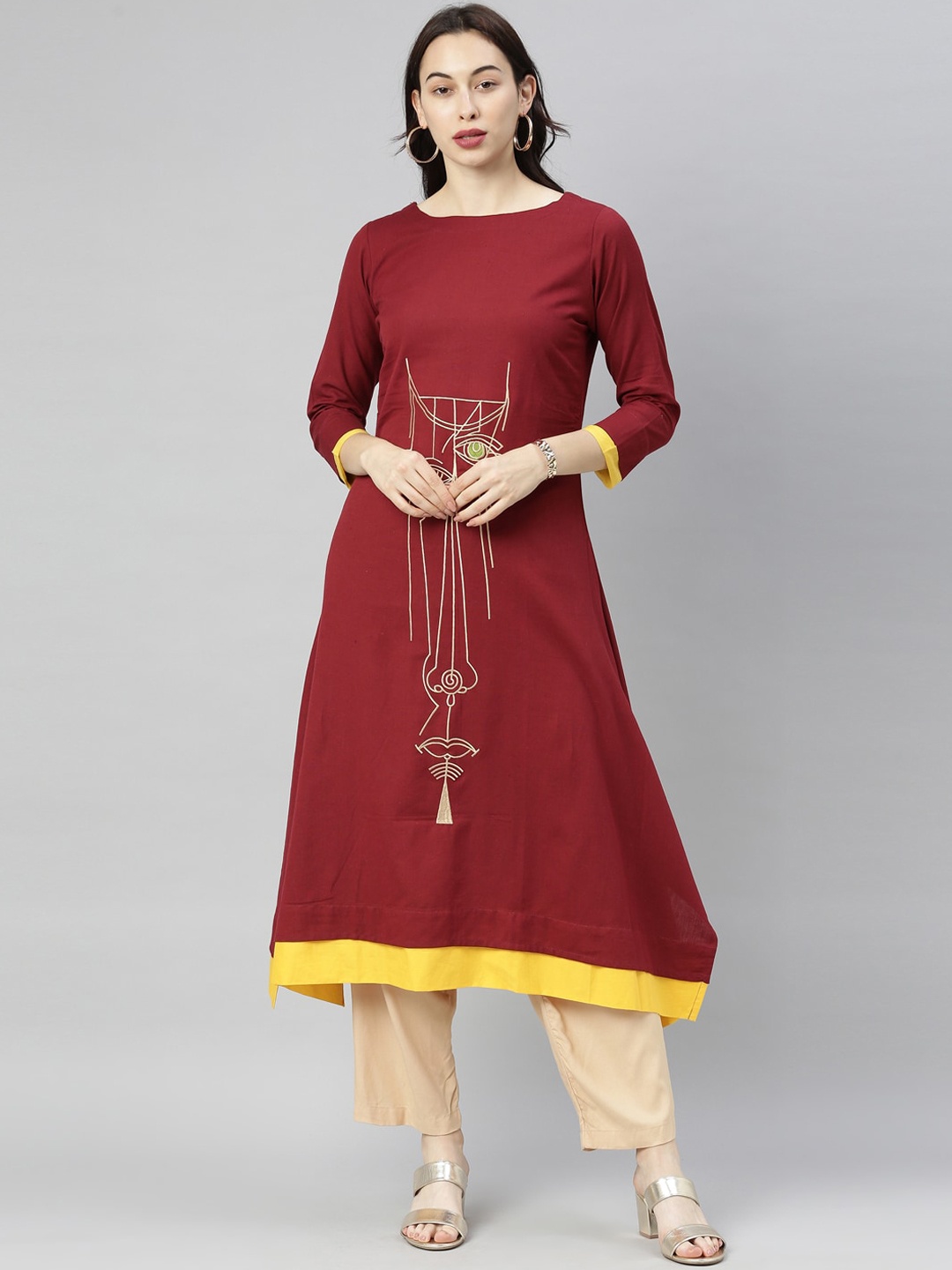 

Neerus Women Maroon Printed Cotton Kurta