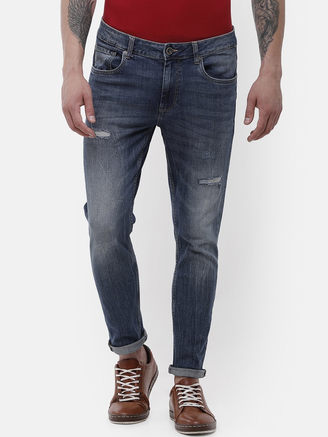 

Voi Jeans Men Navy Blue Skinny Fit Mid-Rise Low Distress Stretchable Jeans