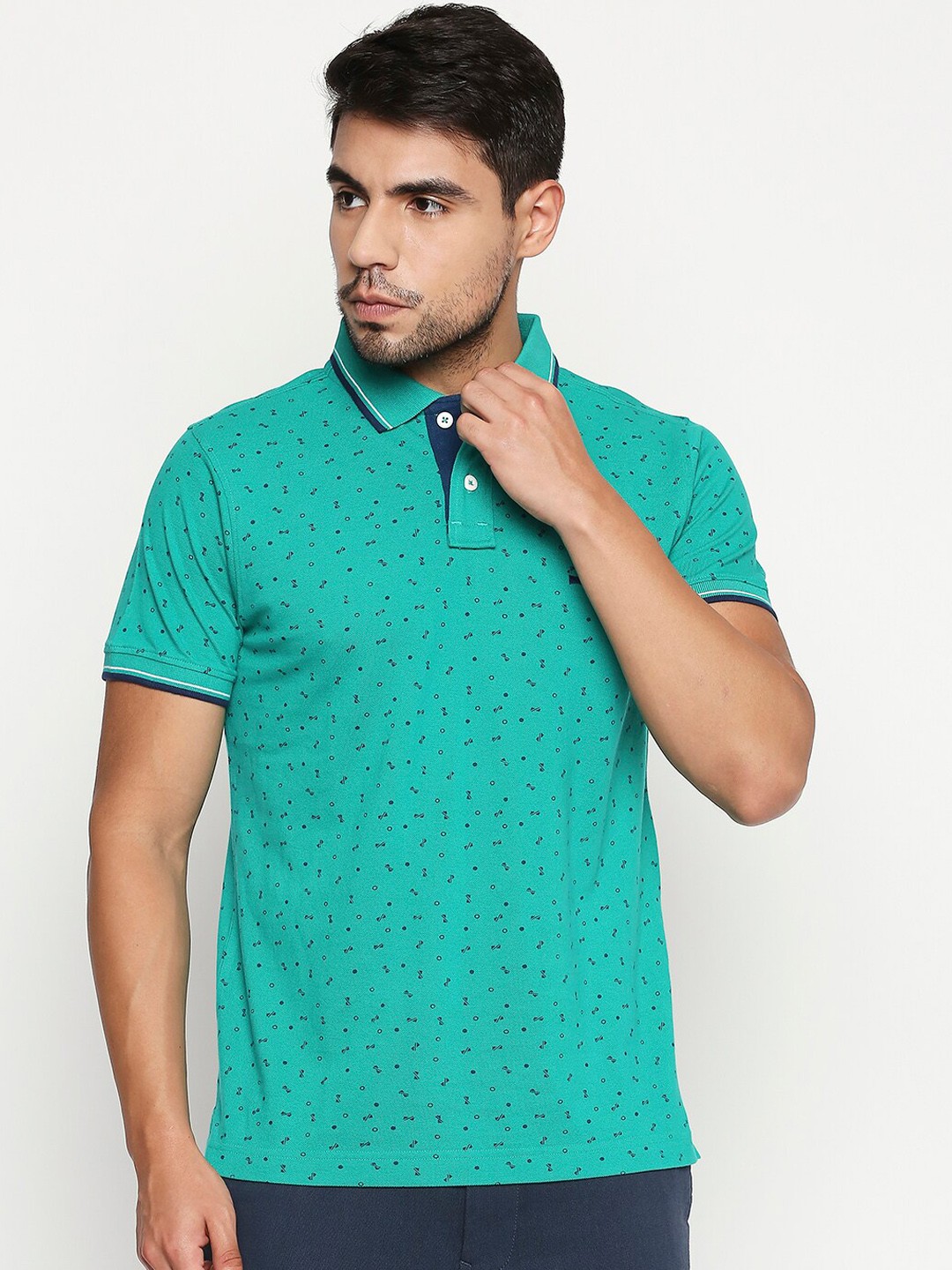 

Basics Men Sea Green Printed Organic Cotton Polo Collar Slim Fit T-shirt