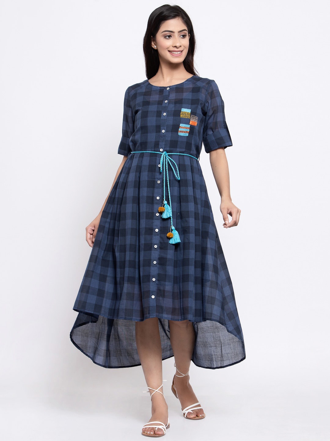 

TERQUOIS Women Blue Checked Two Layered Cotton Fit and Flare Dress