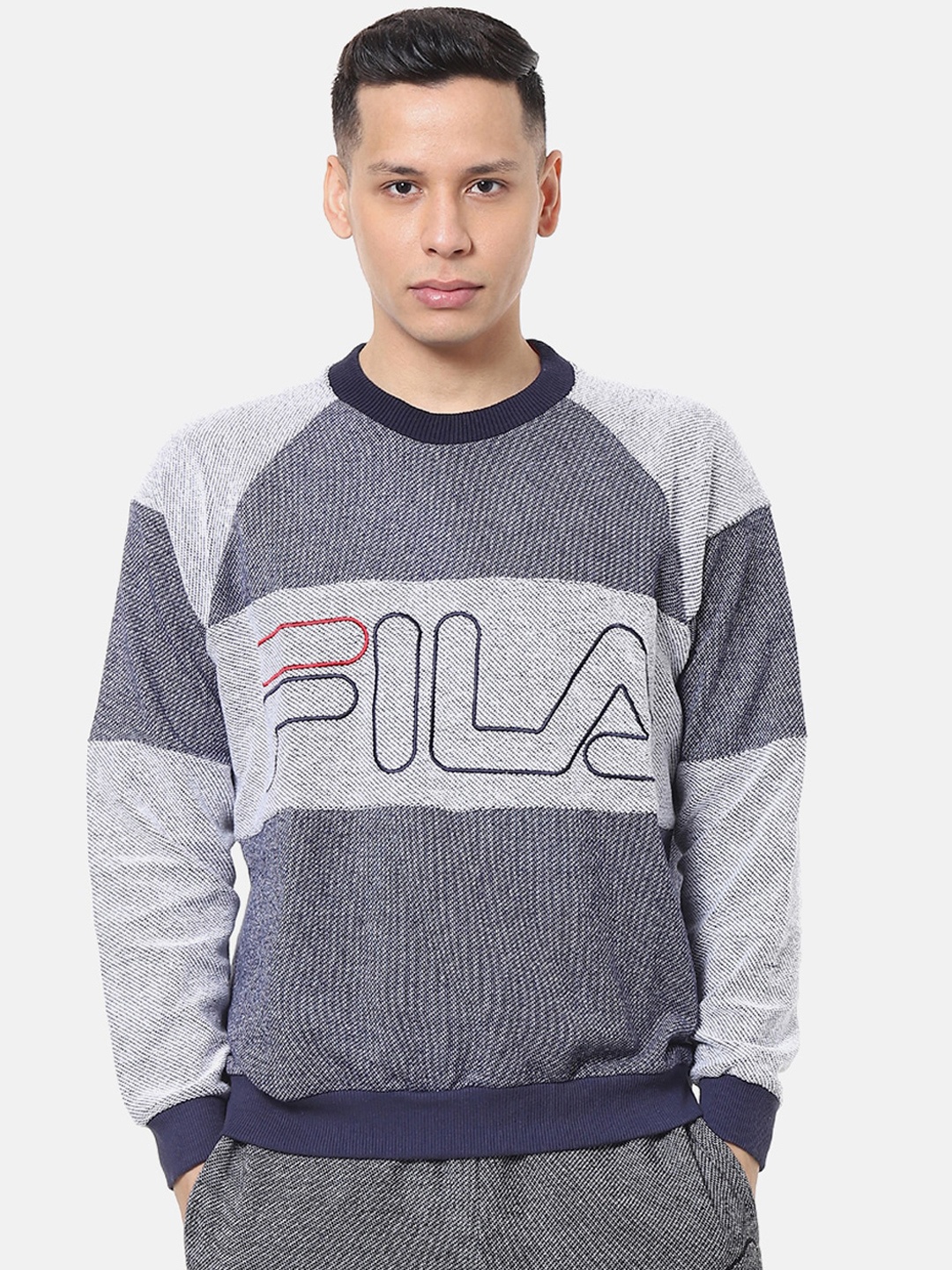 

FILA Men Grey & Navy Blue Brand Logo Printed Sweatshirt