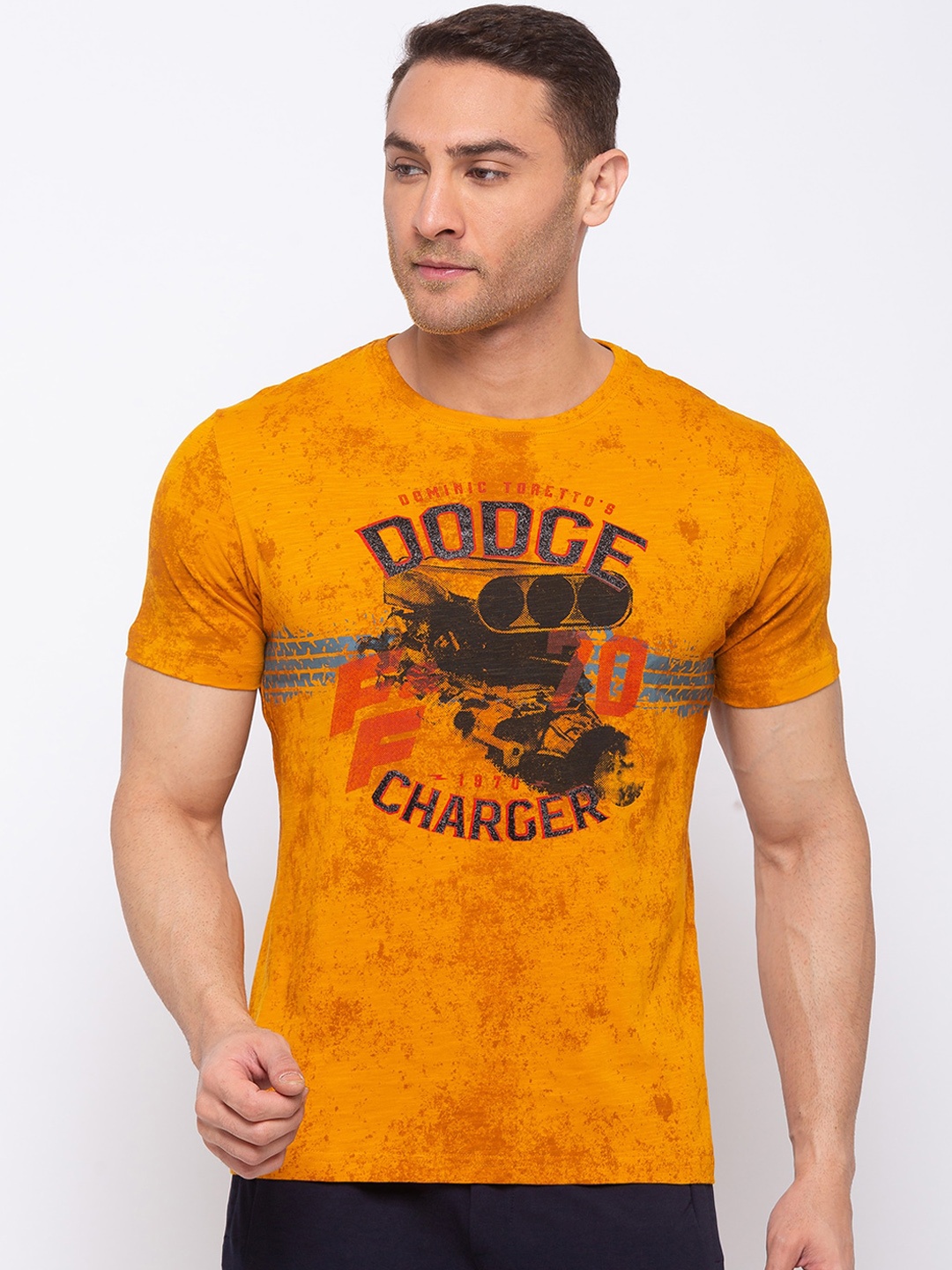 

Status Quo Men Mustard Yellow Printed Round Neck T-shirt