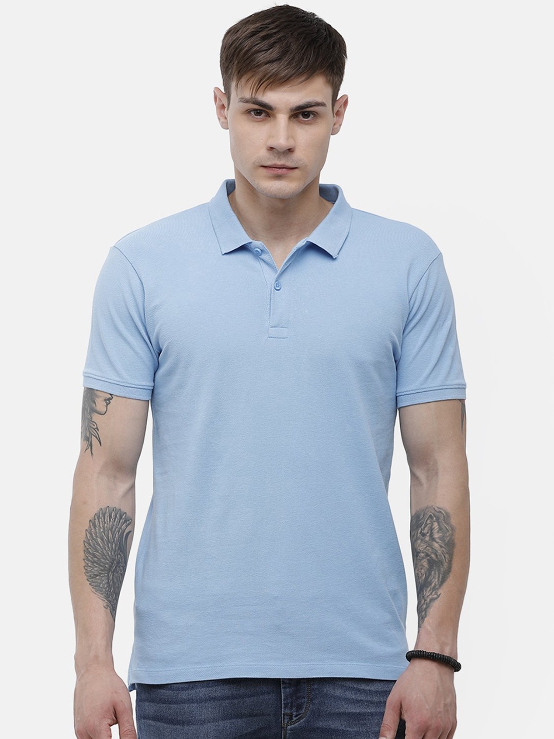 

Voi Jeans Men Blue Solid Polo Collar Cotton Pure Cotton T-shirt