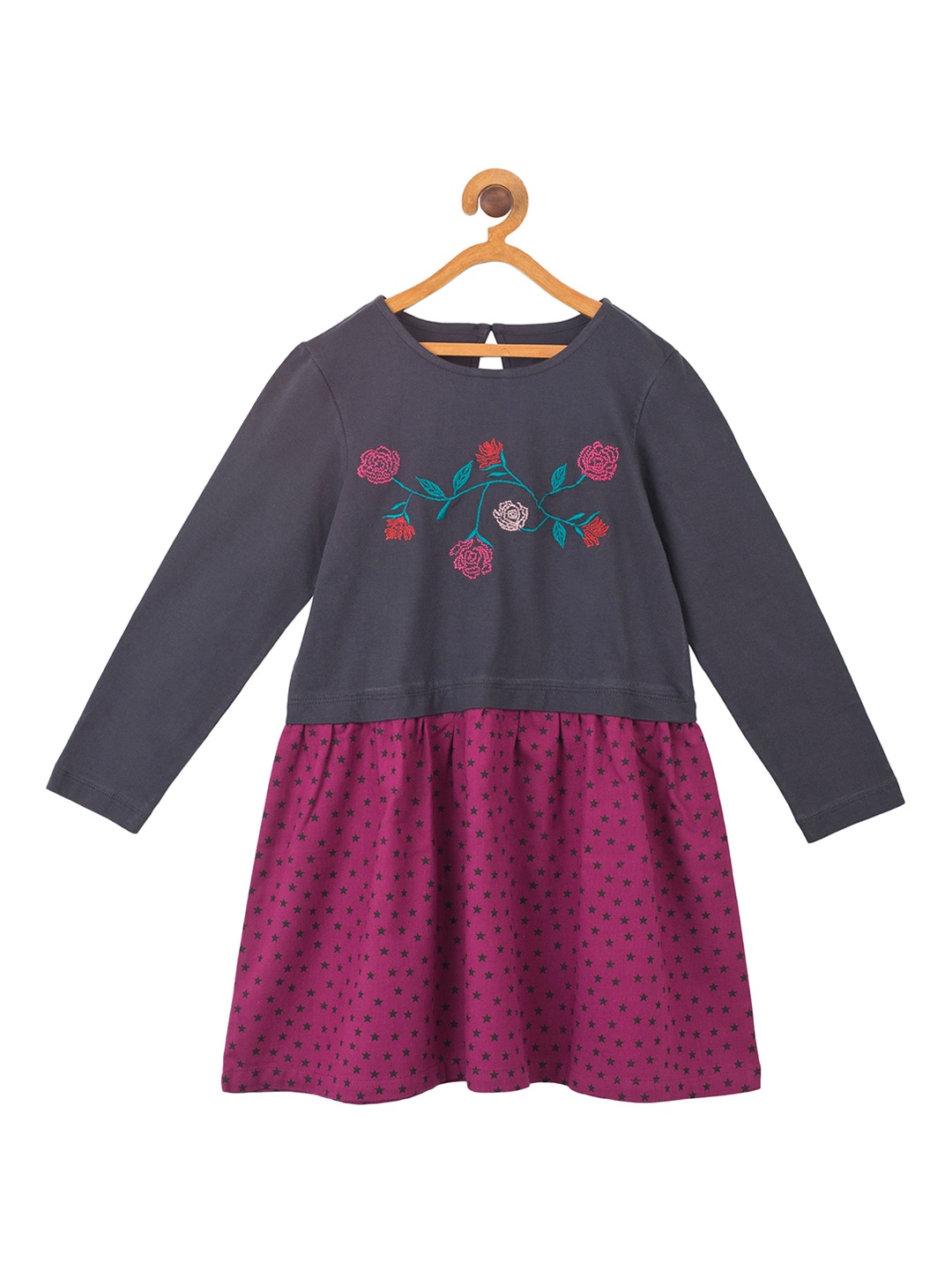 

Miyo Girls Charcoal Grey & Pink Embroidered A-Line Dress