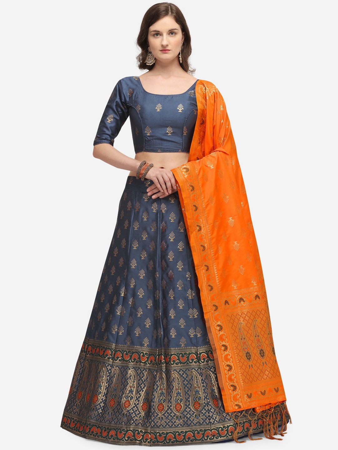 

JATRIQQ Grey & Orange Woven Design Semi-Stitched Lehenga & Unstitched Blouse with Dupatta