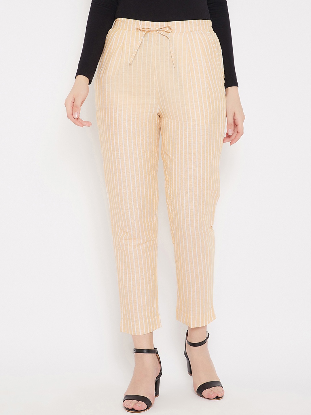 

Bitterlime Women Yellow & White Striped Regular Trousers