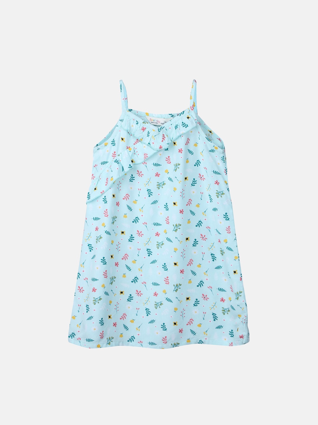 

Beebay Girls Blue & Pink Floral Printed A-Line Ruffle Dress