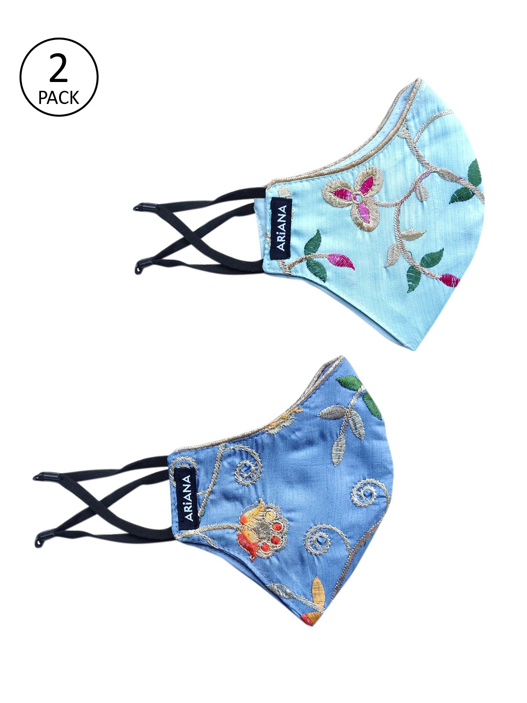 

Ariana Women Pack Of 2 Intricate Floral Embroidered 2-Ply Cloth Masks, Blue