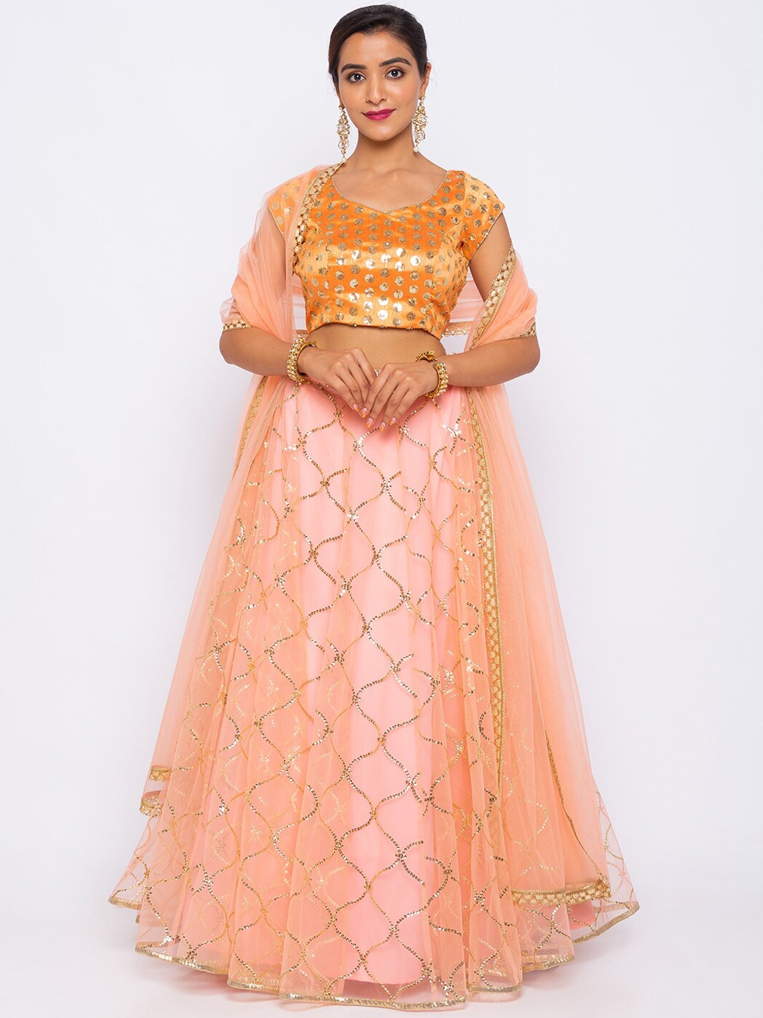 

6Y COLLECTIVE Mustard & Peach-Coloured Embellished Semi-Stitched Lehenga & Unstitched Blouse with Dupatta