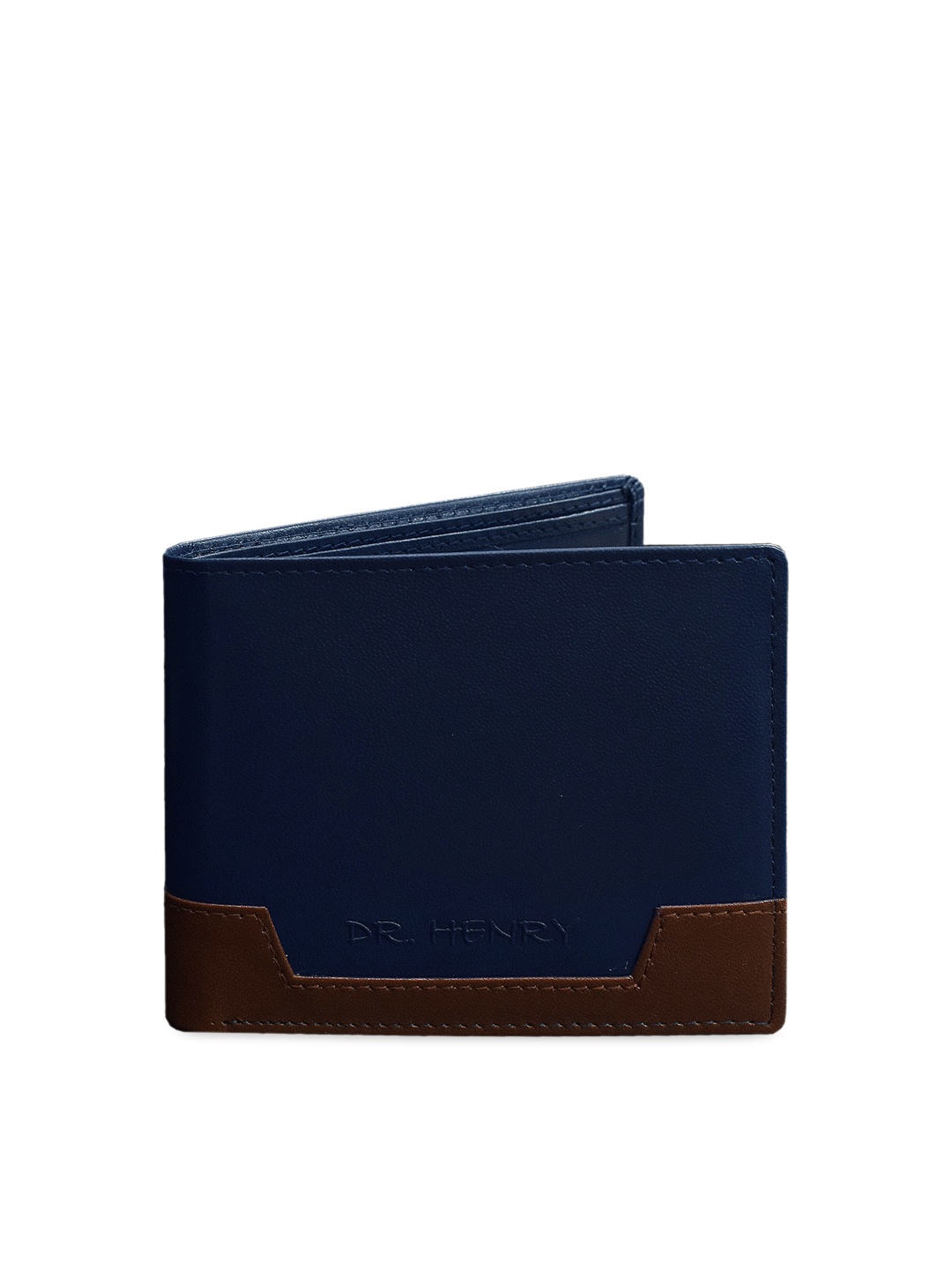 

DR. HENRY Men Blue & Tan Colourblocked Leather Two Fold Wallet