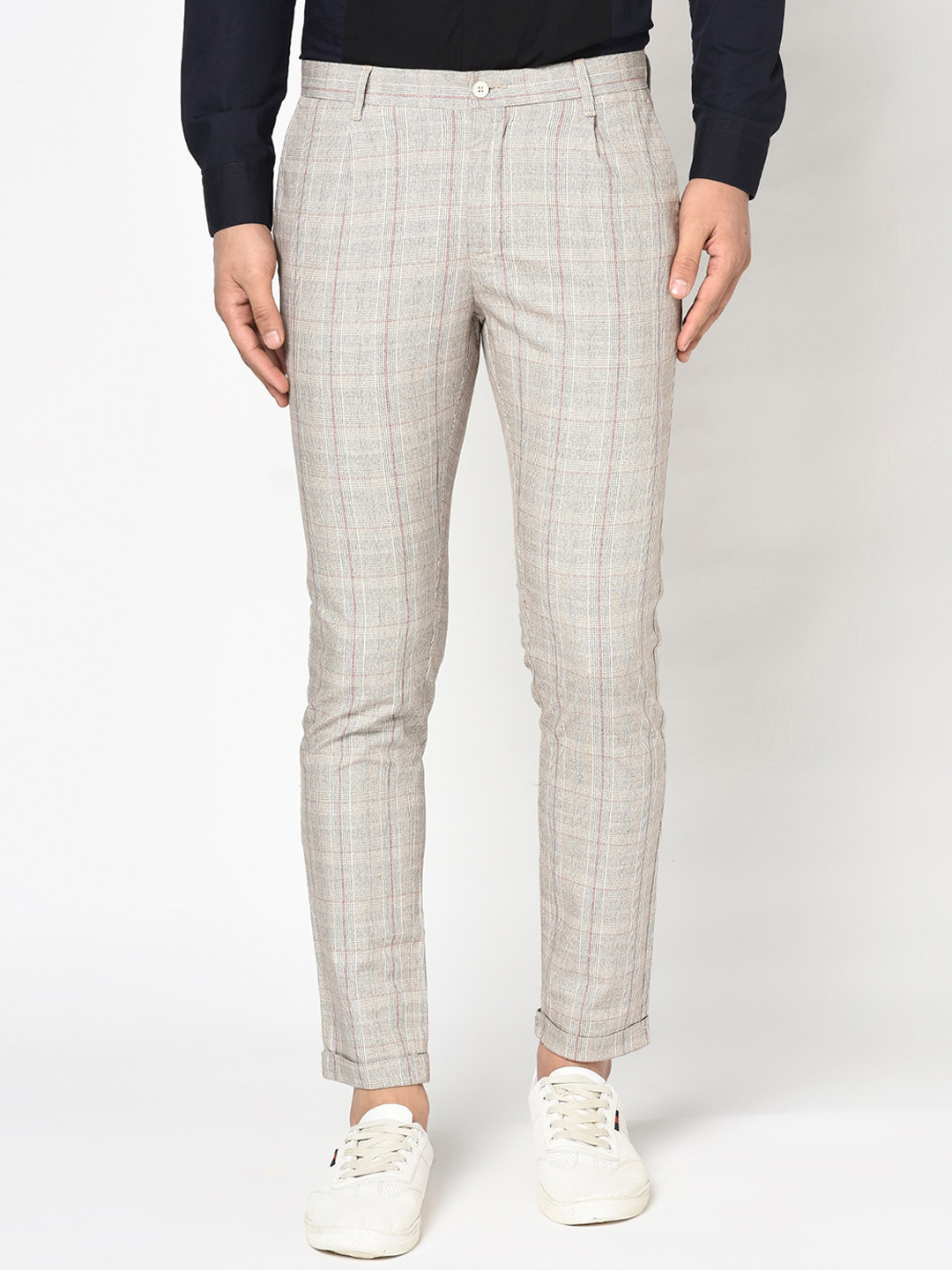 

Blackberrys Men Beige Phoenix Skinny Fit Checked Regular Trousers