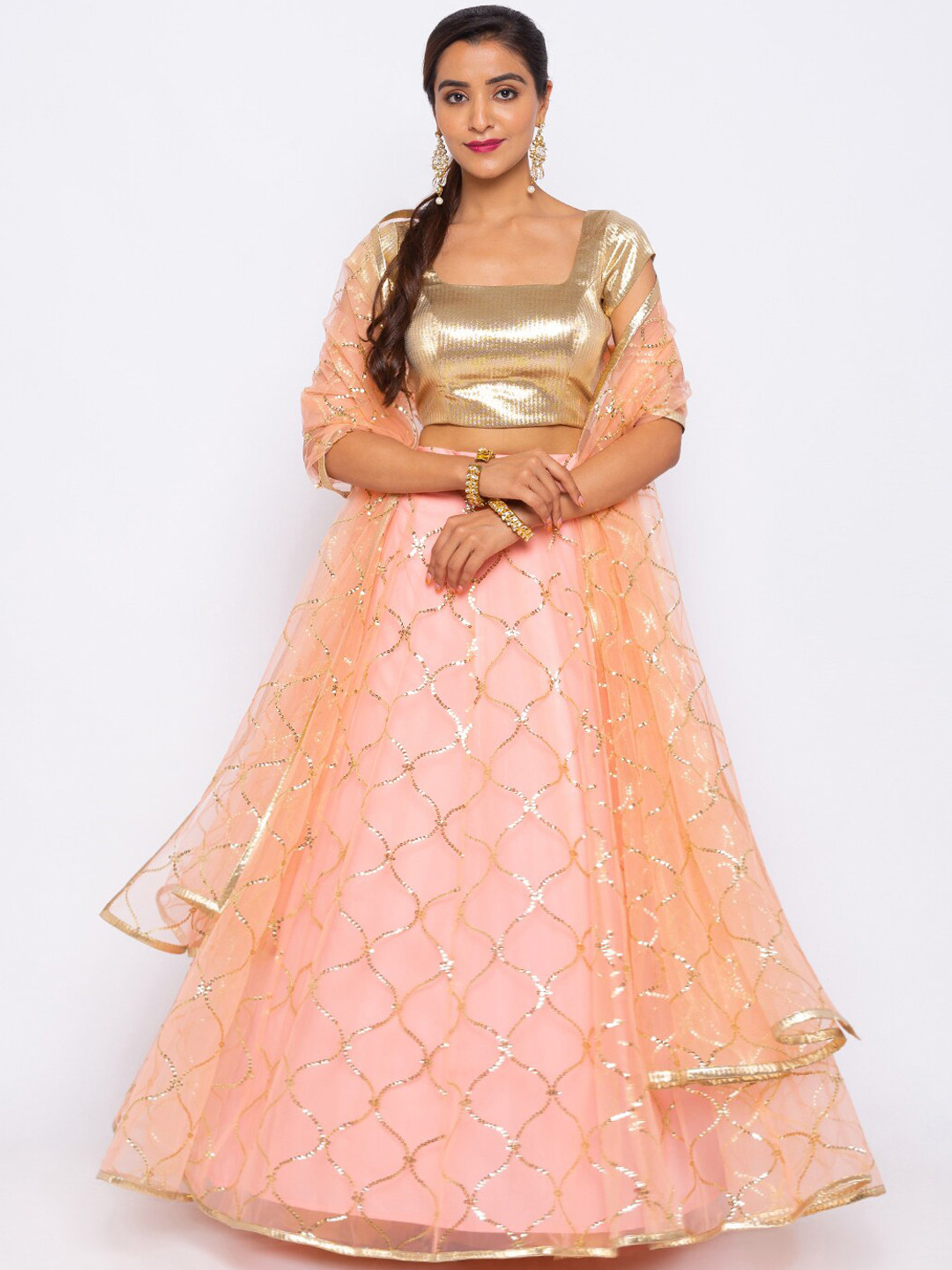 

6Y COLLECTIVE Peach-Colour & Golden Semi-Stitched Lehenga & Unstitched Blouse with Dupatta