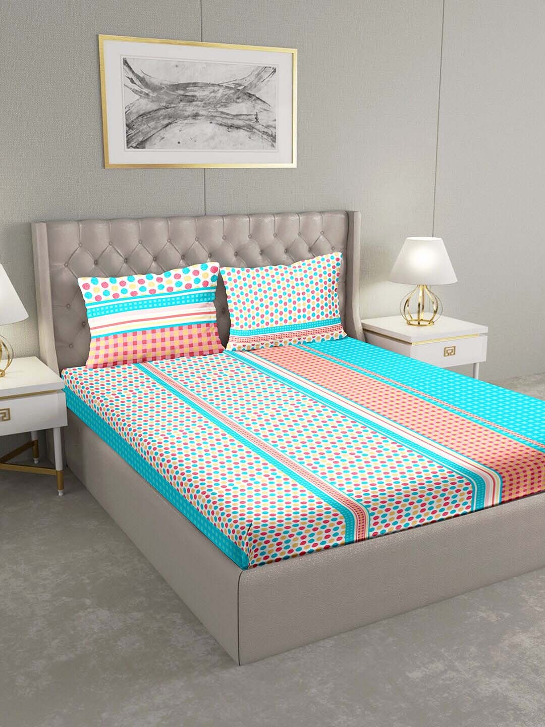 

BELLA CASA Multicoloured Geometric 124 TC Cotton 1 Extra Large Bedsheet with 2 Pillow Covers, Multi