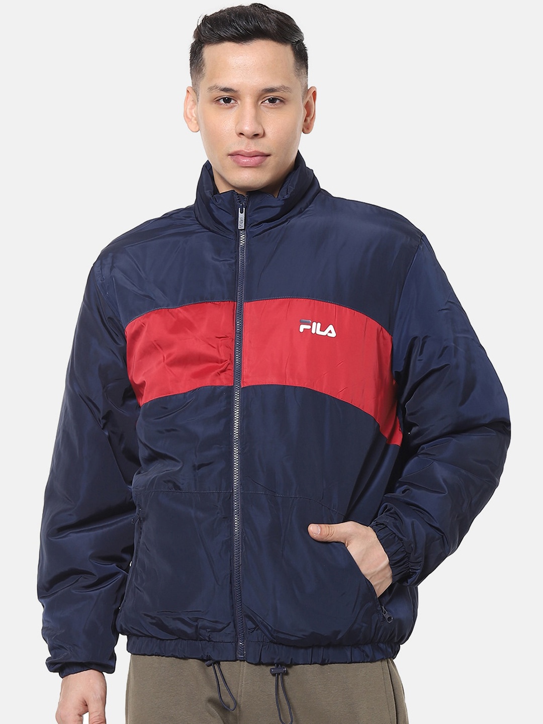 

FILA Men Navy Blue & Red Colourblocked Sporty Jacket