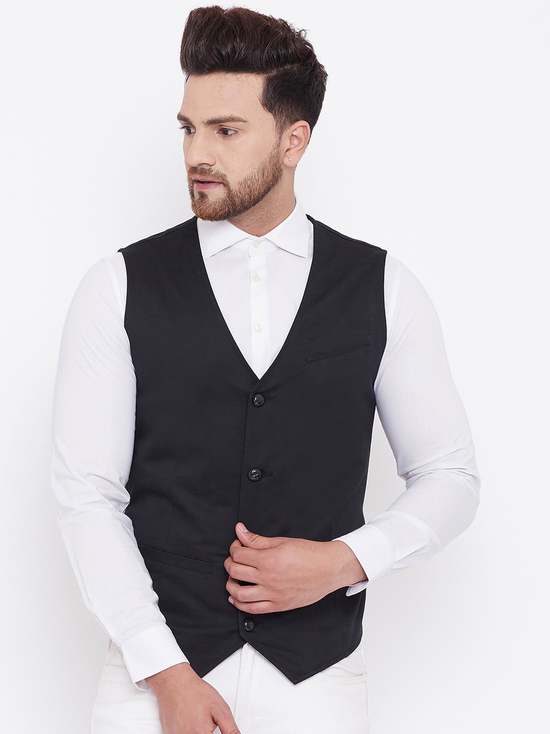 

Hypernation Men Black Solid Cotton Satin Twill Waistcoat