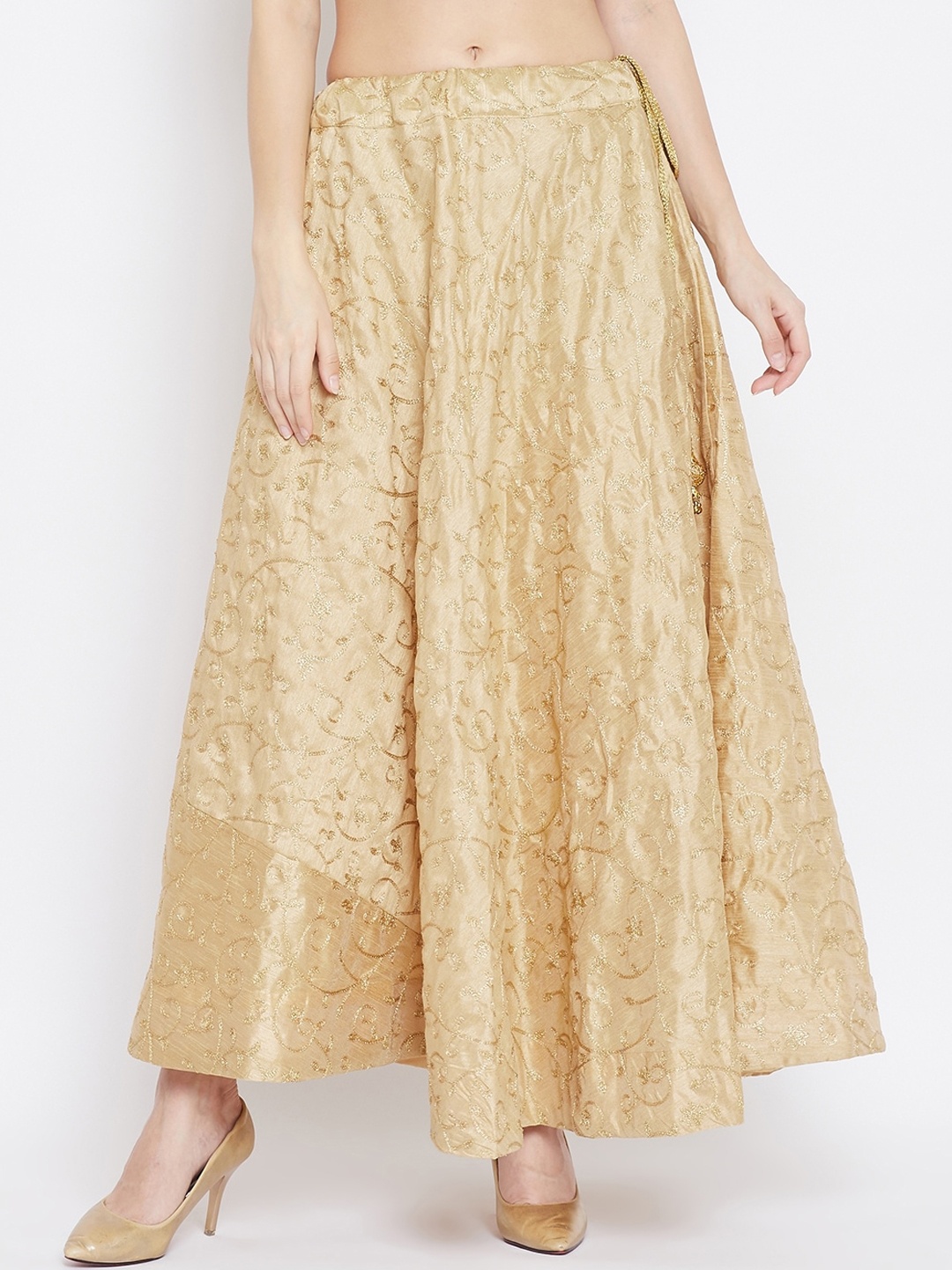 

Clora Creation Women Gold-Colored Embroidered Flared Maxi Skirt