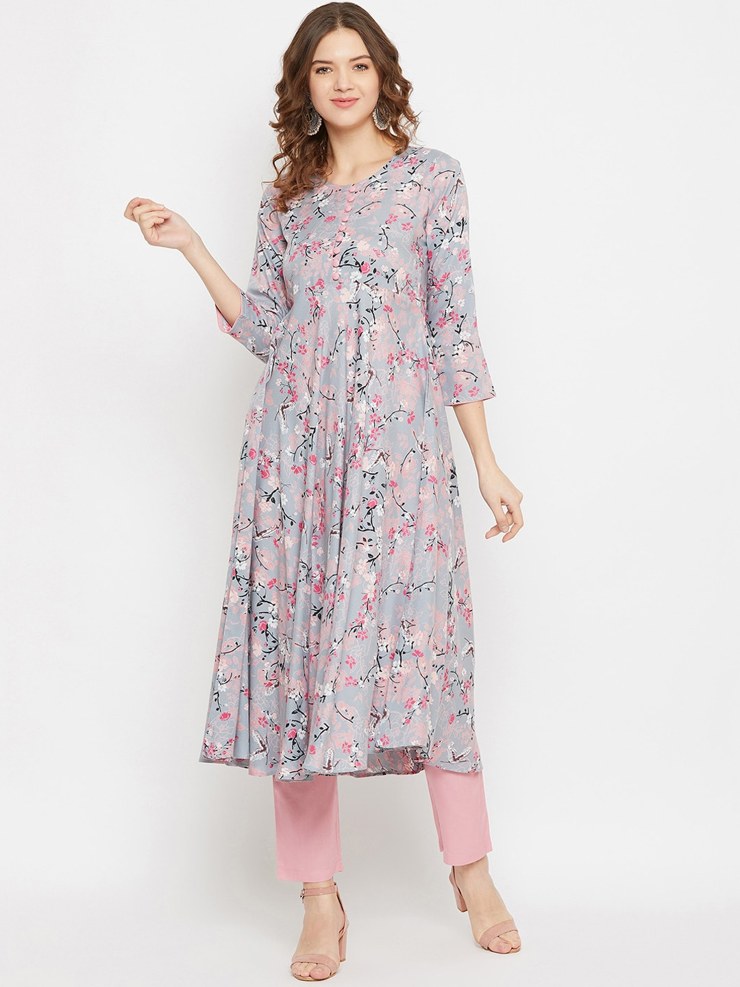 

Tissu Women Grey Floral Printed Anarkali Kurta