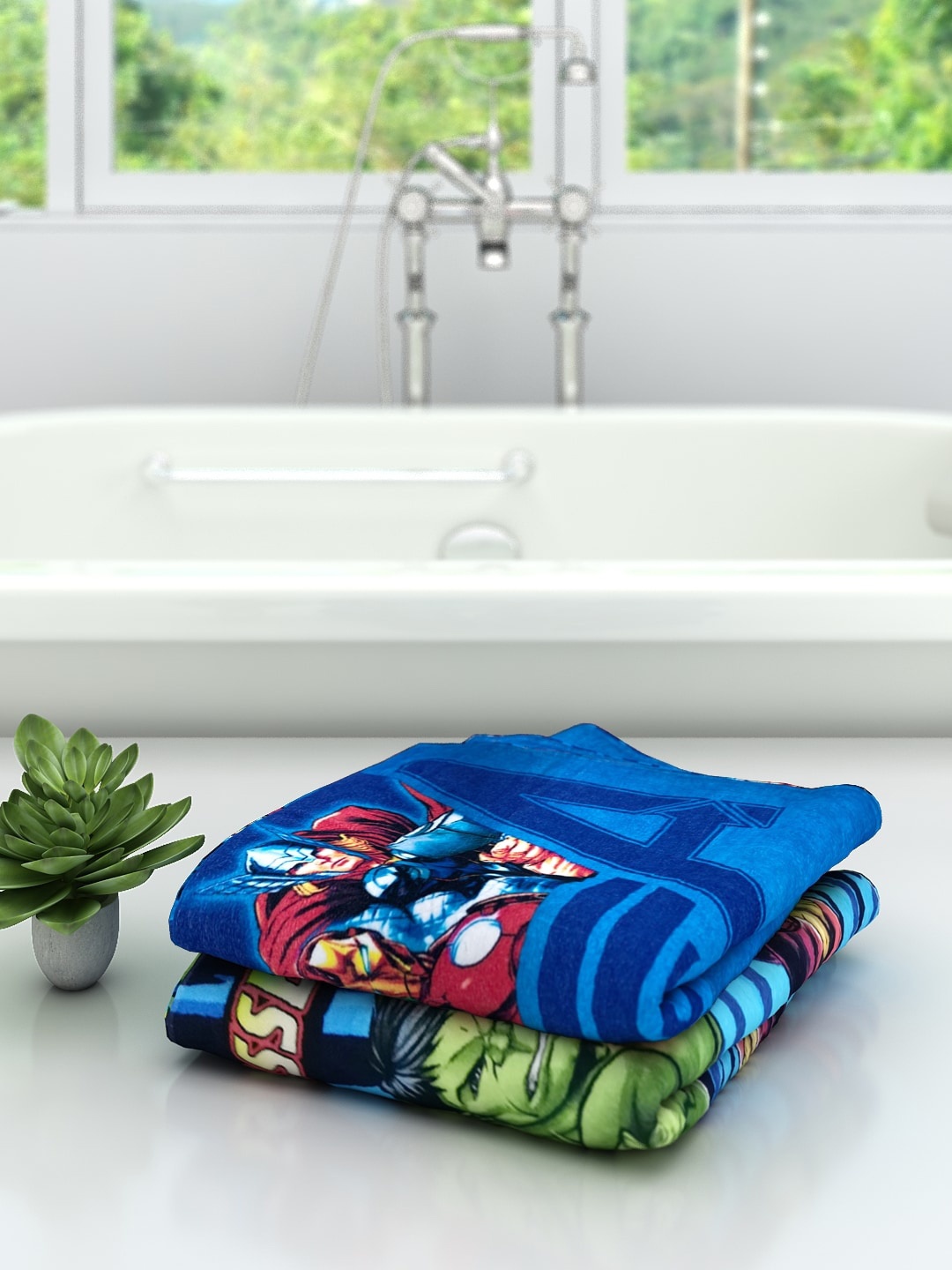 

Marvel Kids Set Of 2 Avengers Printed 350 GSM Cotton Bath Towels, Blue