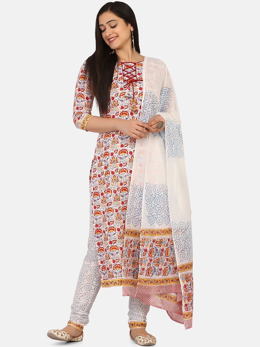 

Shaily White & Red Pure Cotton Unstitched Dress Material