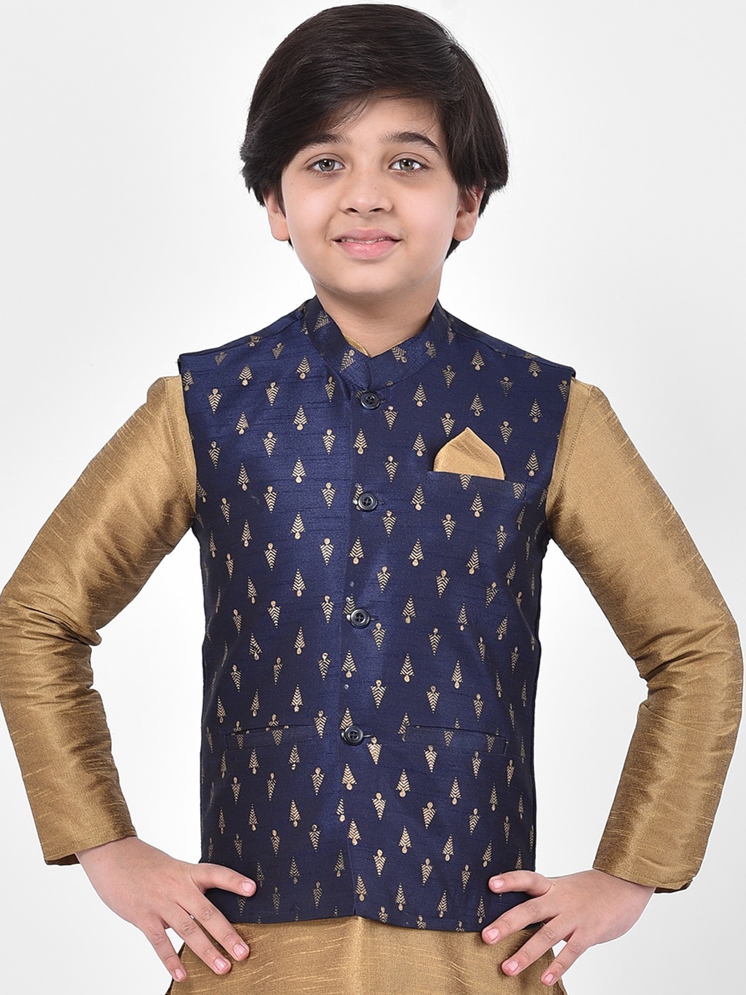 

DEYANN Boys Navy Blue & Gold-Coloured Printed Nehru Jacket