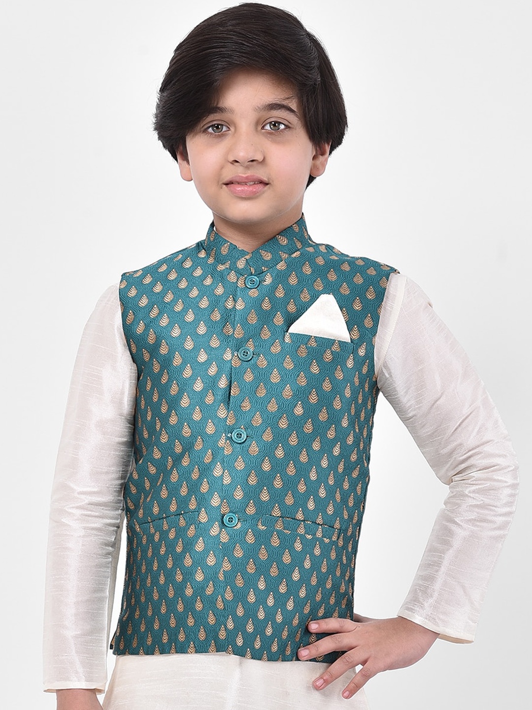 

DEYANN Boys Blue & Golden Woven Design Nehru Jacket