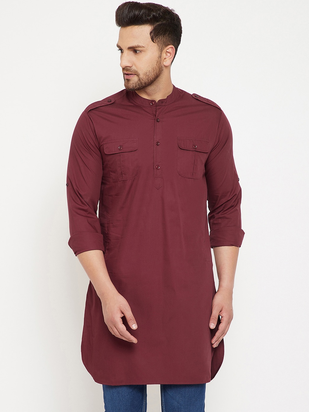 

Hypernation Men Maroon Solid Pathani Kurta