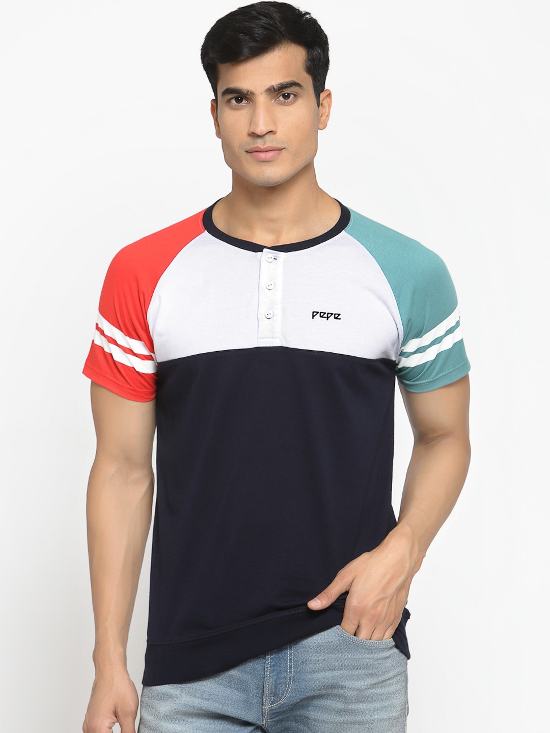 

Pepe Jeans Men Navy Blue White Colourblocked Henley Neck Cotton Pure Cotton T-shirt
