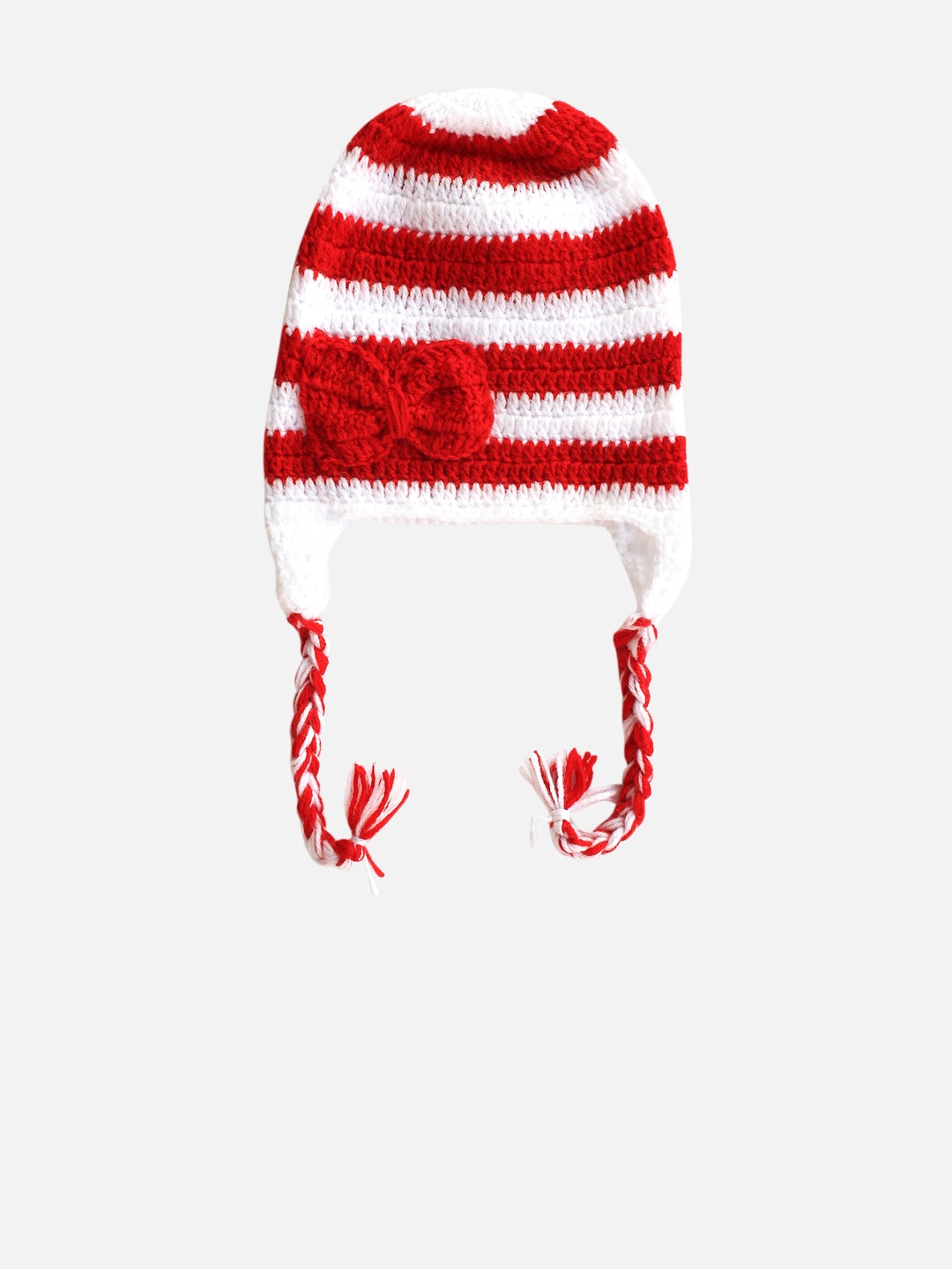 

Woonie Unisex Red & White Self Design Handloom Beanie