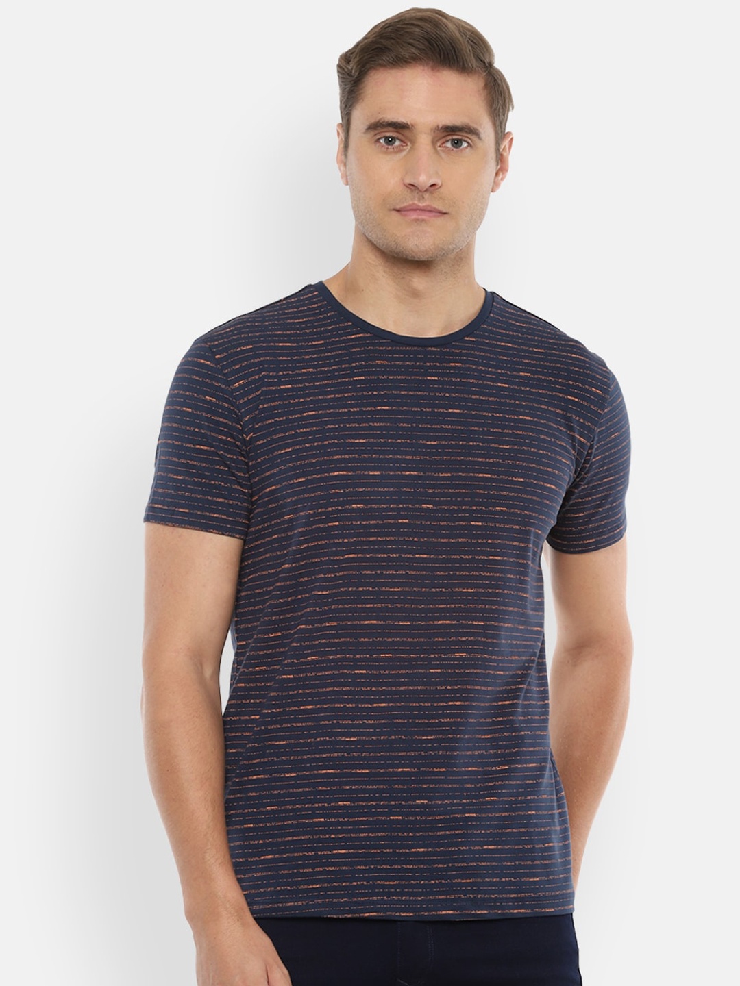 Louis Philippe Jeans Men Navy Blue Striped Round Neck Cotton Pure Cotton T-shirt